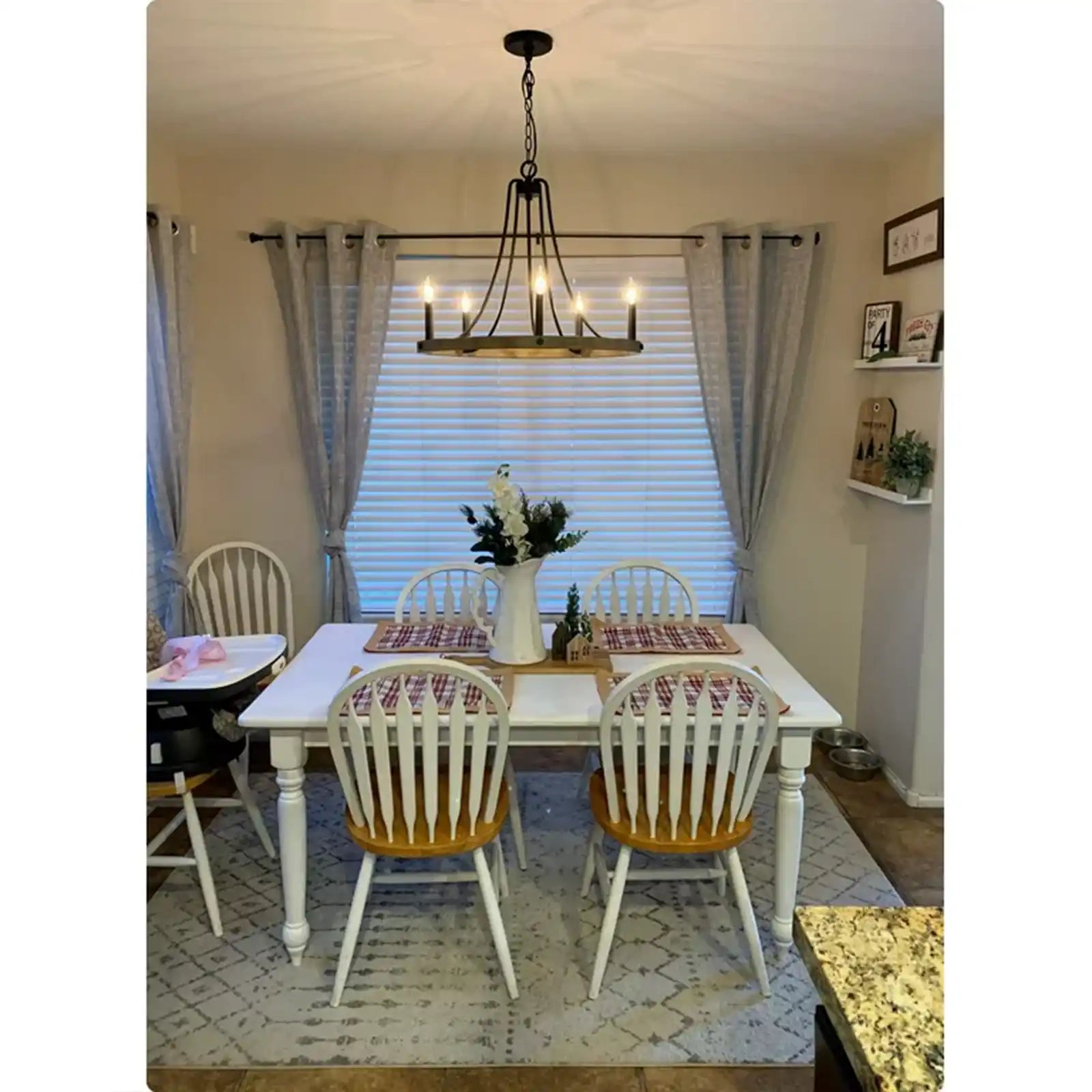 24.5" Rustic Farmhouse Wagon Wheel Chandelier, Round Kitchen Island Light, Smoked Birch Wood Style