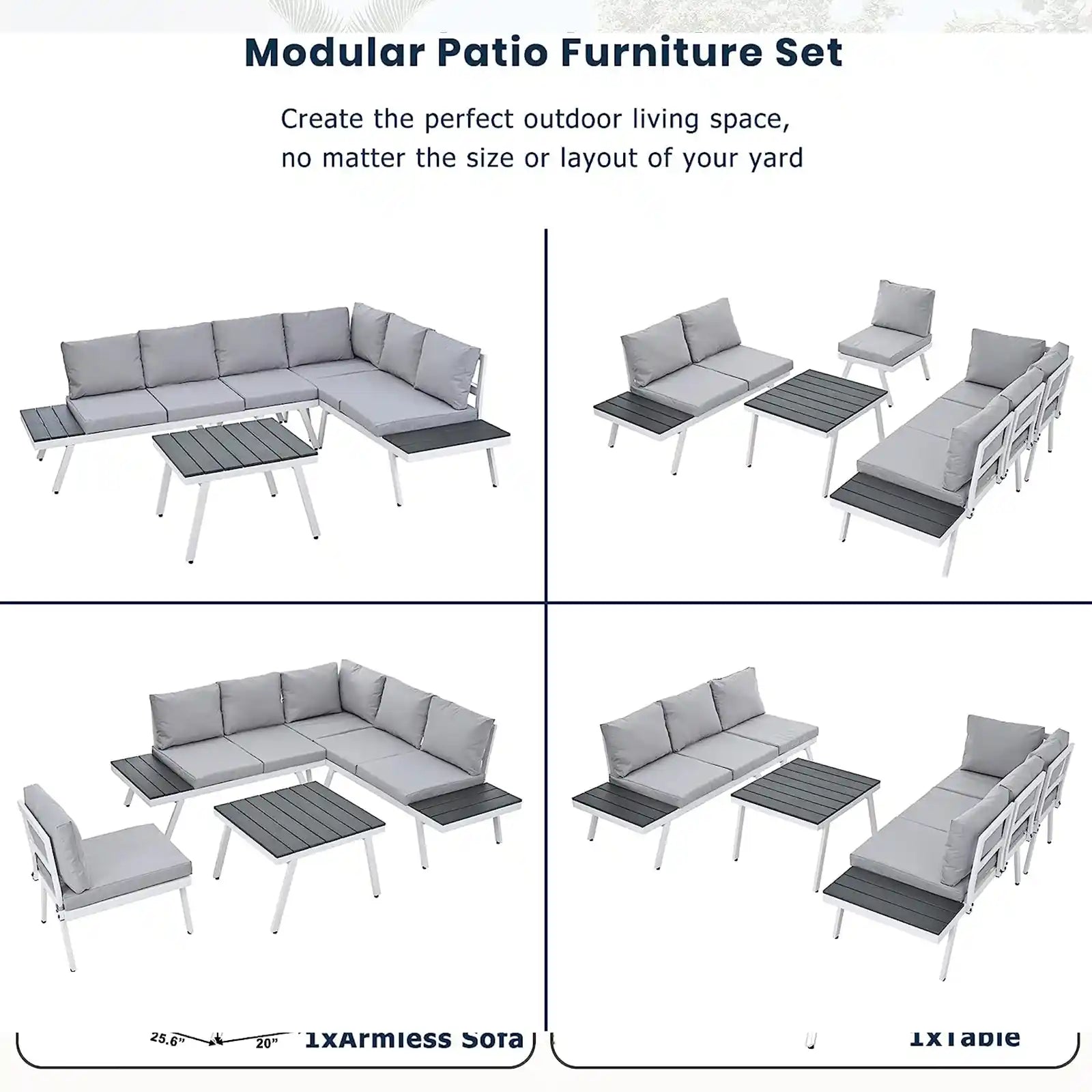 Juego de muebles industriales de aluminio para exteriores de 5 piezas, moderno sofá seccional de jardín con mesas auxiliares, mesa de centro y clips para muebles para patio trasero 