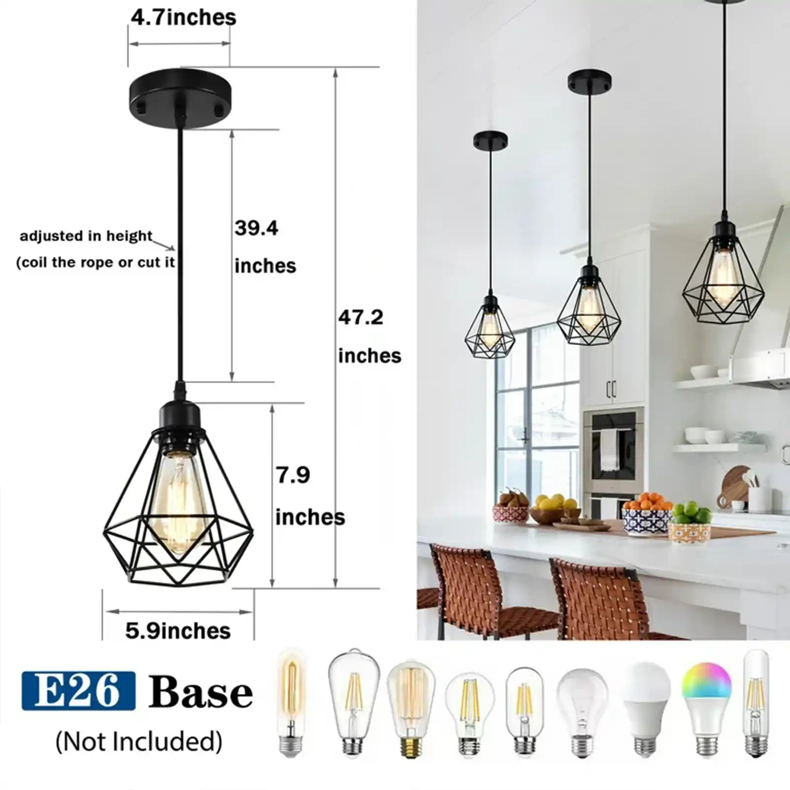 Black Pendant Lights 2 Pack Industrial Hanging Light Fixtures Pendant Lighting for Kitchen Dining Room Bedroom