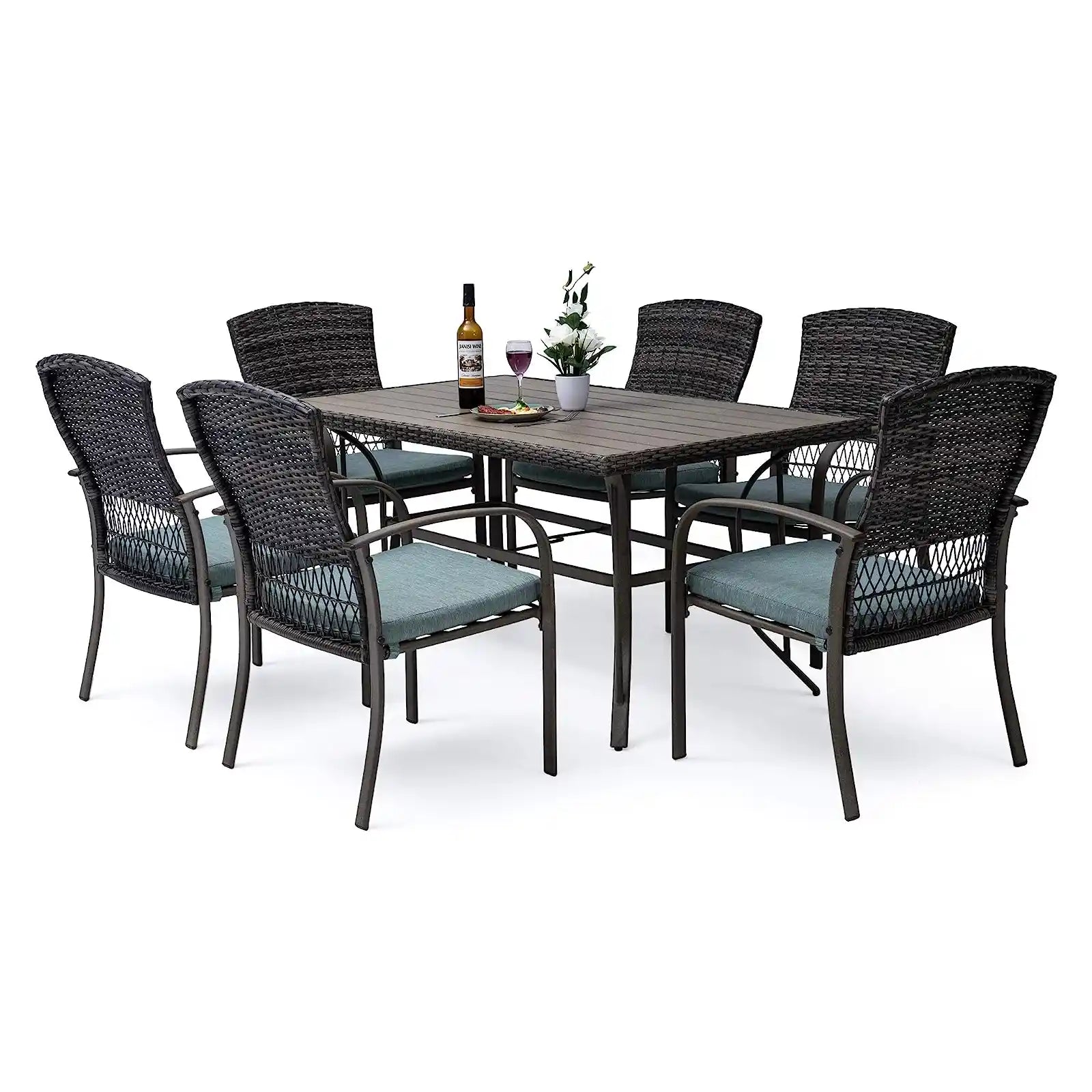 Patio Dining Table Set 5 Piece, Garden Dining Set, Outdoor Wicker Furniture Set with Square Plastic-Wood Table Top and Washable Cushions for Patio Garden Poolside