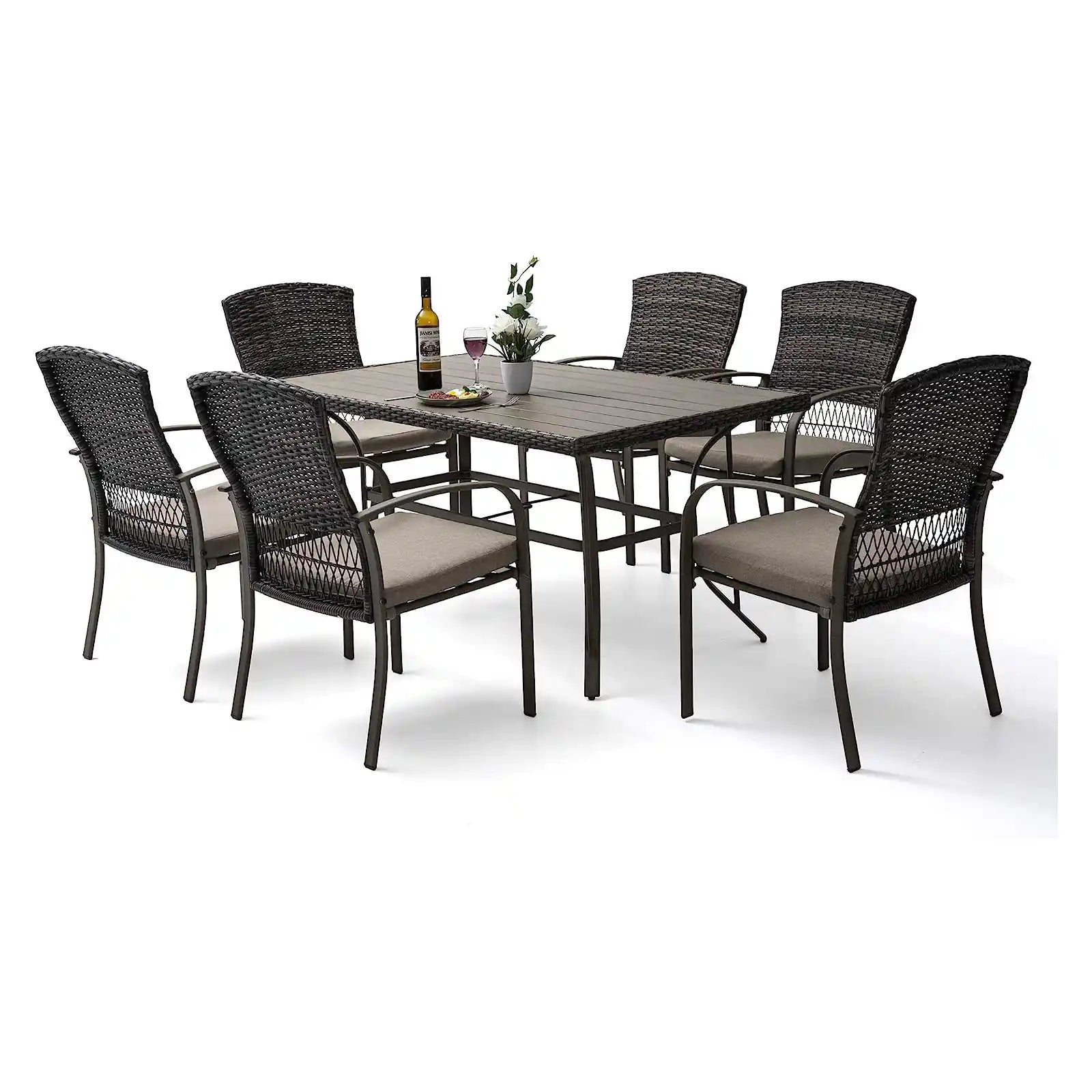 Patio Dining Table Set 5 Piece, Garden Dining Set, Outdoor Wicker Furniture Set with Square Plastic-Wood Table Top and Washable Cushions for Patio Garden Poolside