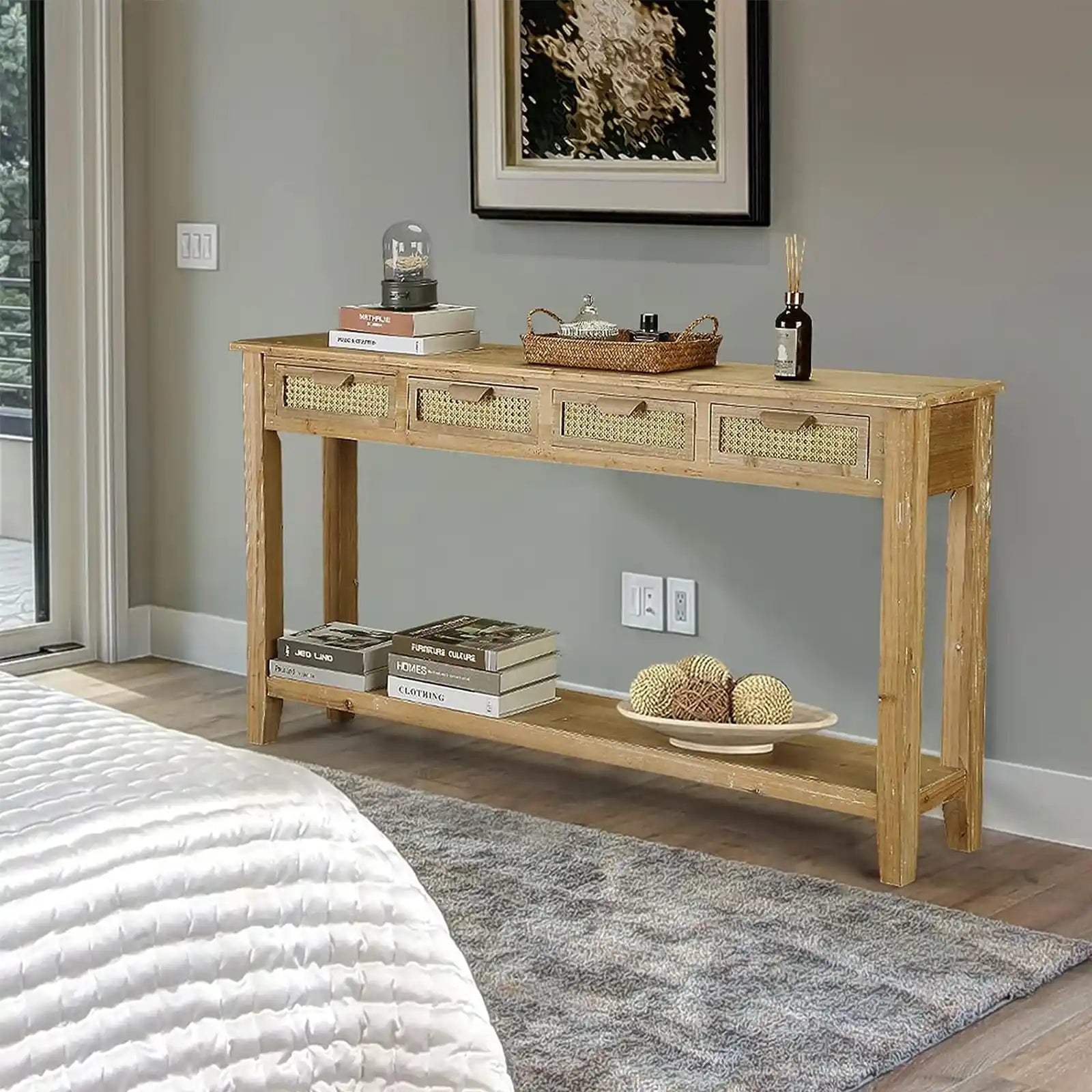 Farmhouse Console Table with 4 Rattan Drawers, 60" Long Narrow Boho Foyer Sofa Tables with Open Storage Shelves for Entryway,Hallway,Living Room, Natural