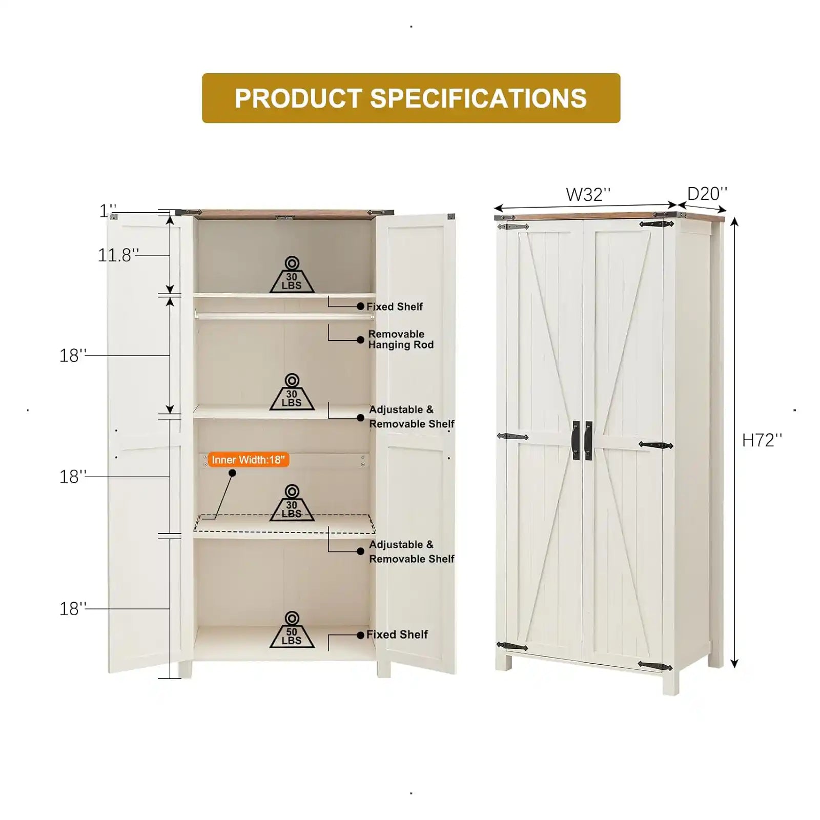 Gabinete de almacenamiento, organizador de baño de granja con estantes ajustables, despensa de cocina estrecha con puerta de granero, almacenamiento versátil con barra para colgar para el hogar, lavandería, cuarto de servicio