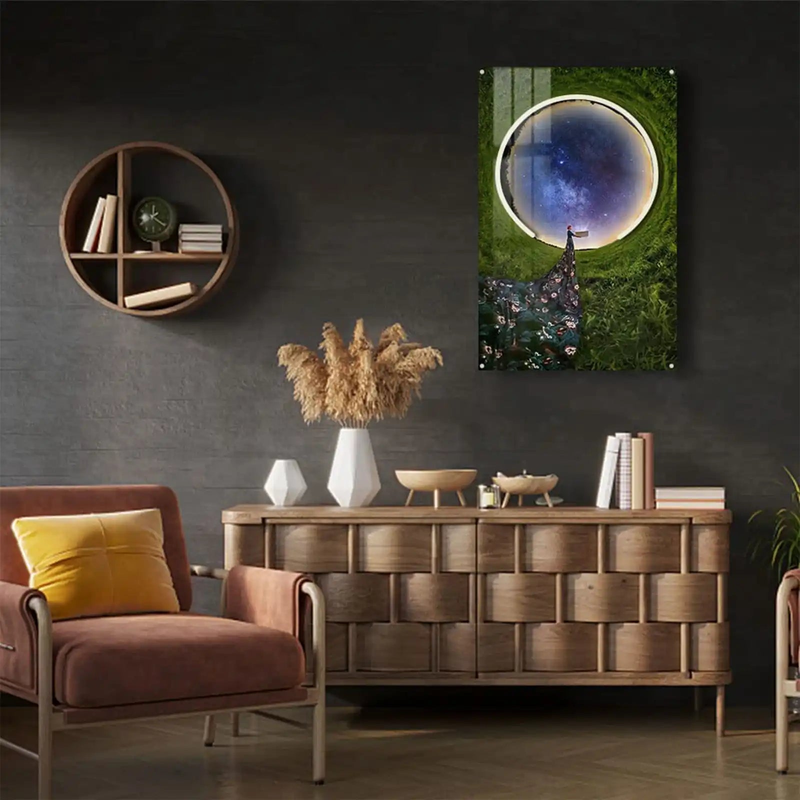 Wall Art for Living Room Frameless Glass Starry Sky Painting With LED Light for Wall Decor The Earth Space and Beauty Girl Create Modern Vibes for Home, Office, Bedroom, Coffe Shop Ready to Hang