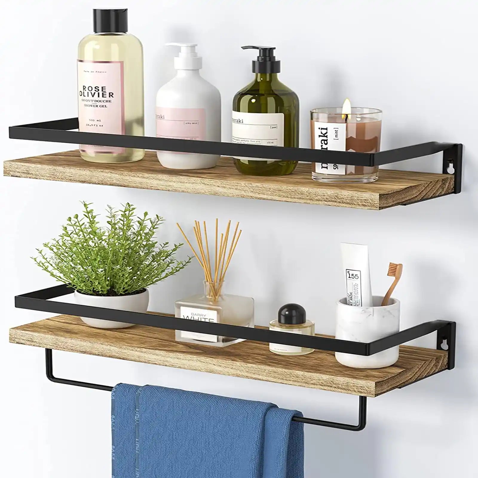 Floating Shelves Wall Mounted, Wall Shelves for Bathroom, Kitchen, Bedroom, Storage Shelf with Towel Bar, Set of 2