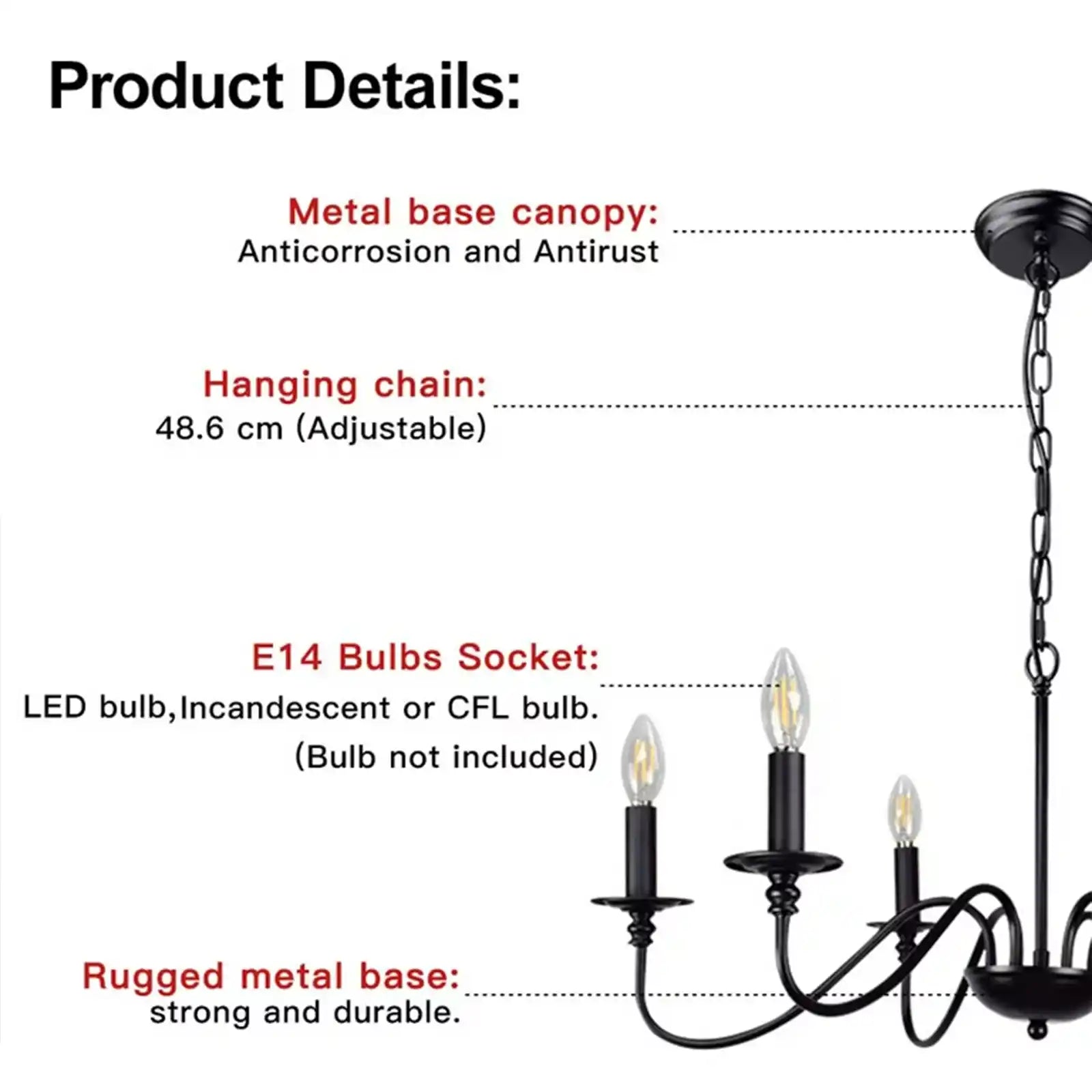 Lámpara de araña de 6 luces, iluminación de araña de hierro industrial, lámpara colgante de techo de vela clásica para vestíbulo, sala de estar, isla de cocina, comedor, dormitorio, negro 