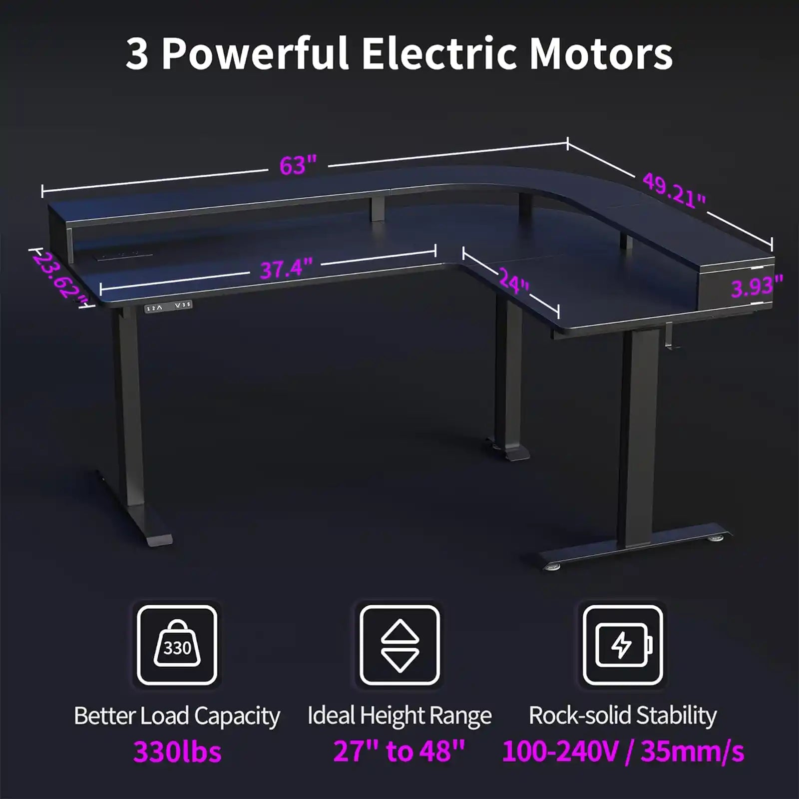 Escritorio de pie ajustable en forma de L con tira LED y tomas de corriente, escritorio de esquina de pie ajustable de 63 pulgadas de altura con soporte ergonómico para monitor 