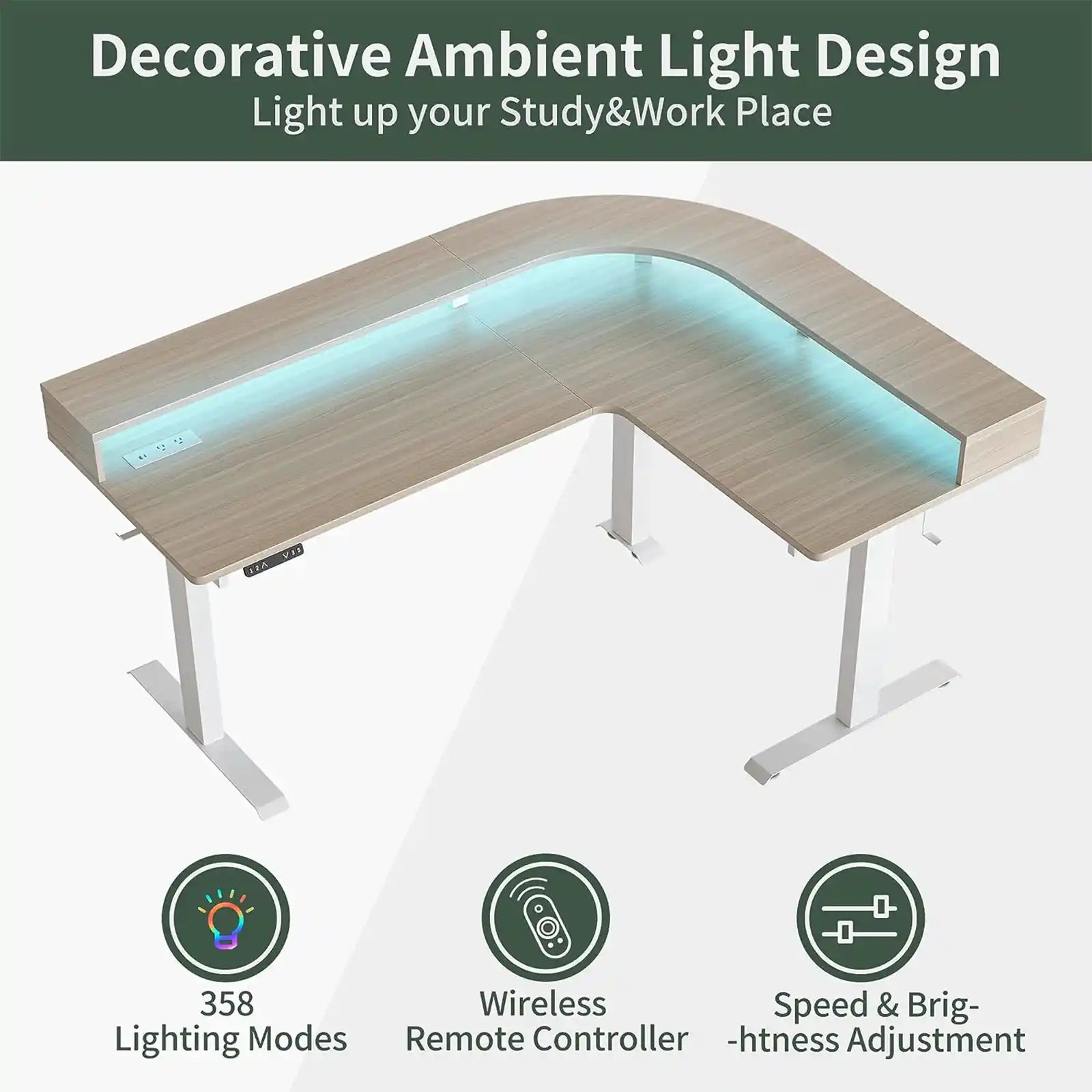 Escritorio de pie ajustable en forma de L con tira LED y tomas de corriente, escritorio de esquina de pie ajustable de 63 pulgadas de altura con soporte ergonómico para monitor 