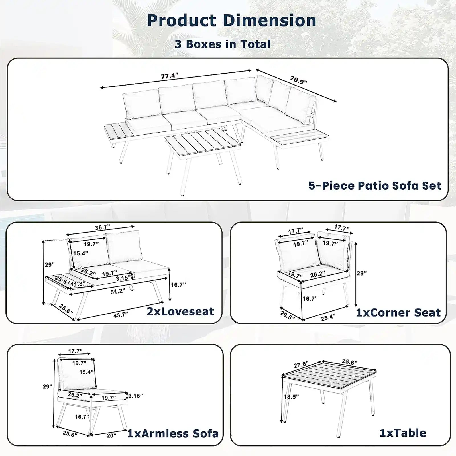 Juego de muebles industriales de aluminio para exteriores de 5 piezas, moderno sofá seccional de jardín con mesas auxiliares, mesa de centro y clips para muebles para patio trasero 