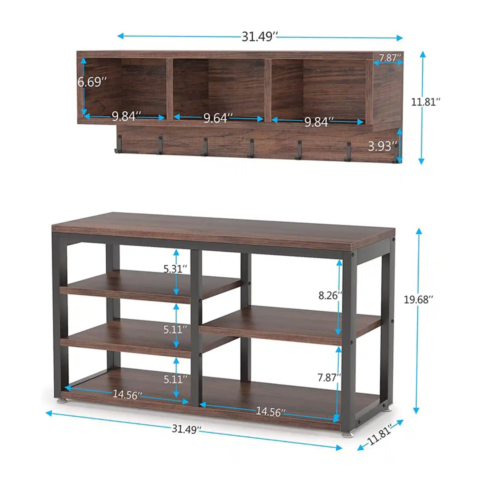 Coat Rack Shoe Bench Set, Hall Tree with Shoe Bench, Coat Rack, 3 Storage Cubbies, 7 Hooks for Entryway, Hallway