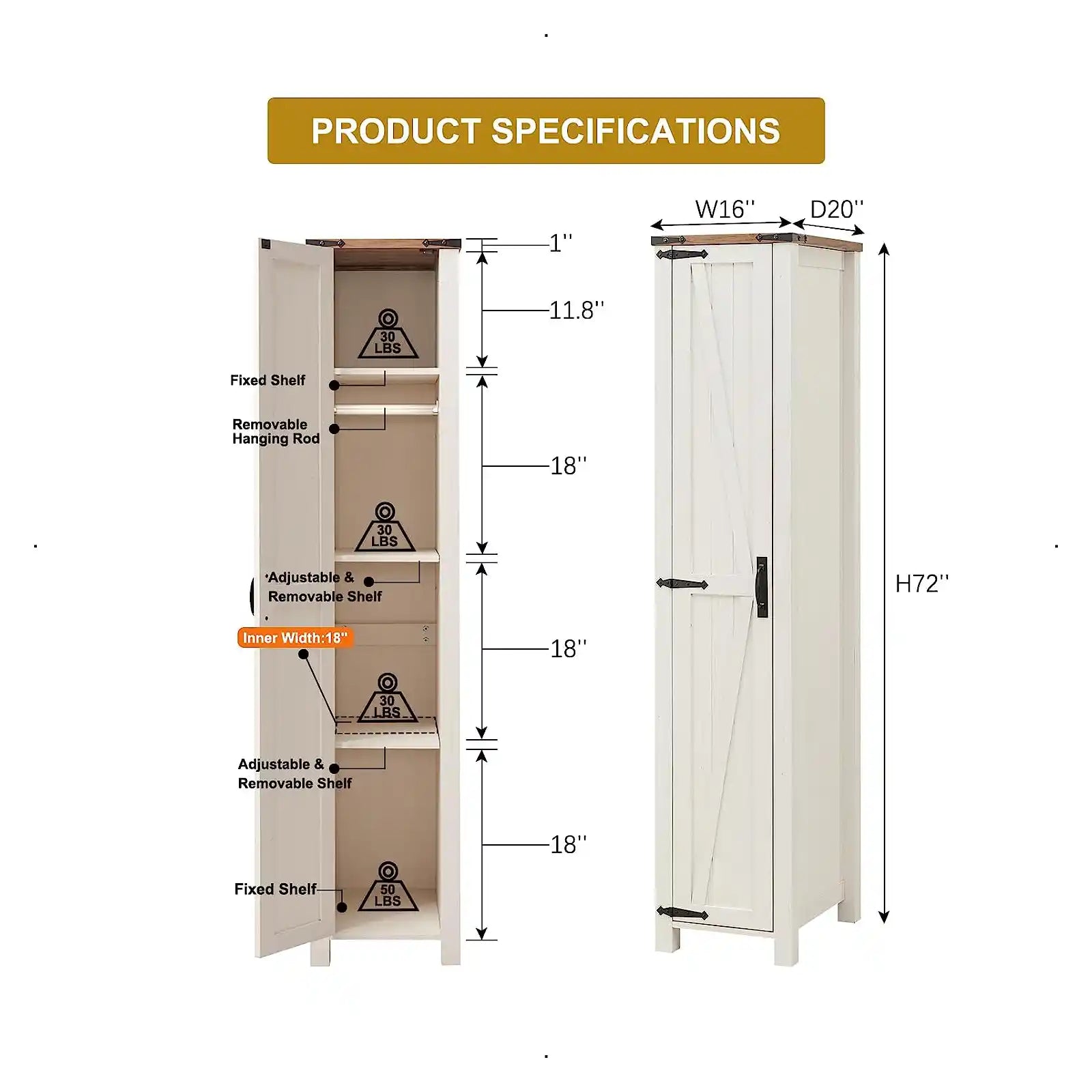 Gabinete de almacenamiento, organizador de baño de granja con estantes ajustables, despensa de cocina estrecha con puerta de granero, almacenamiento versátil con barra para colgar para el hogar, lavandería, cuarto de servicio