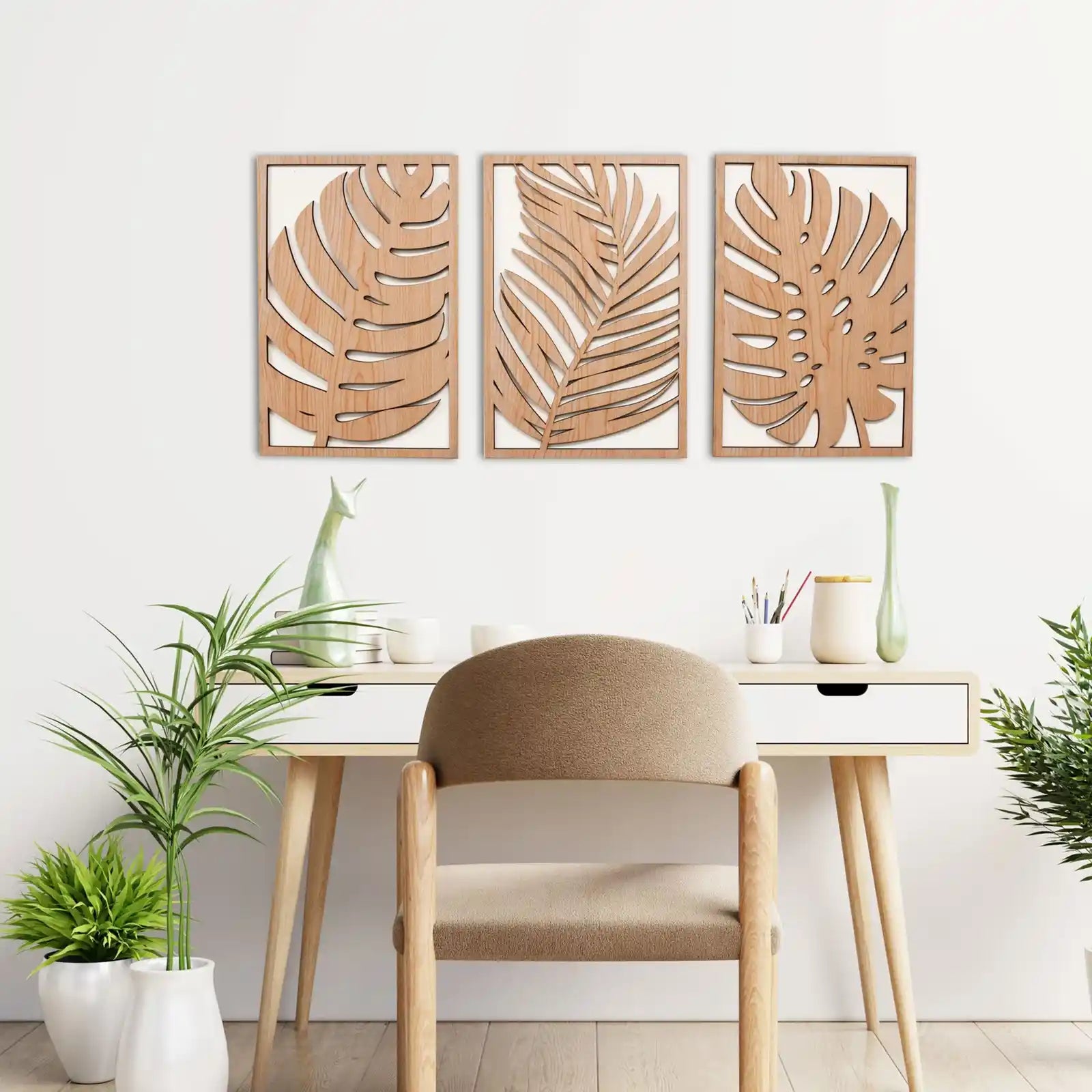 Tropical Leaves Wood Wall Art, 3 Panel Set, Monstera Wooden Leaf Wall Decor, Plant Themed Artwork, Boho, Modern Farmhouse Gift