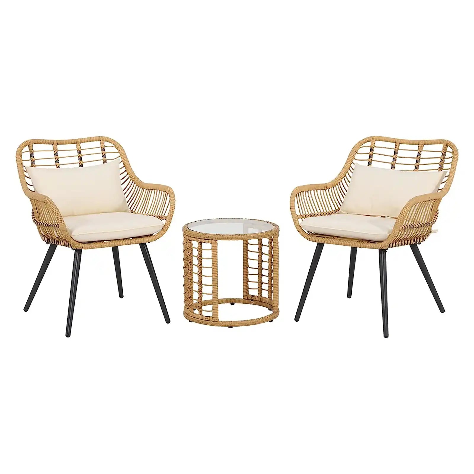 3 Piece Outdoor Wicker Furniture Bistro Set, Patio Rattan Conversation Set with Round Glass Top Coffee Side Table, Cushions for Porch, Backyard, Deck