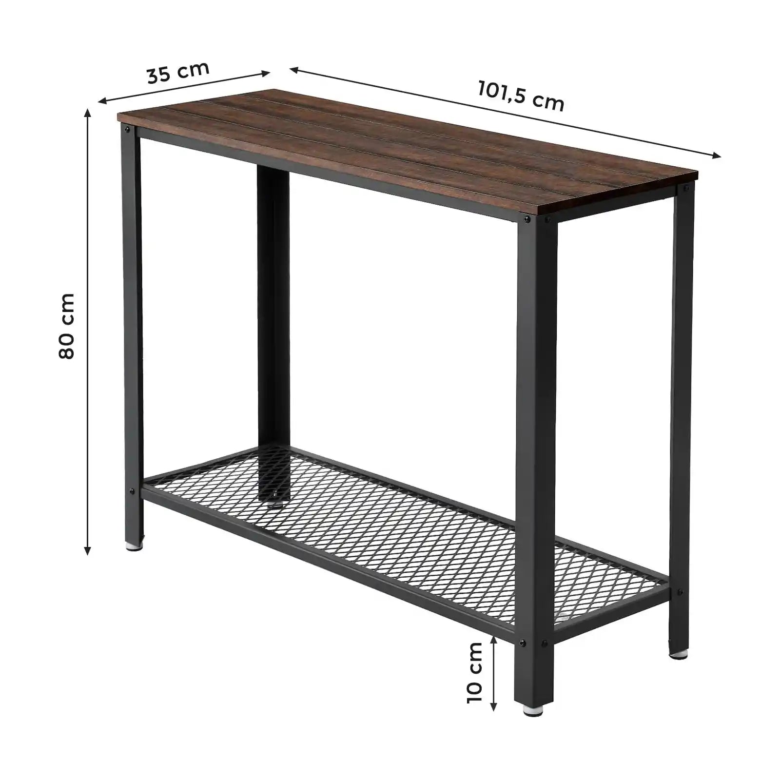 Mesa consola, mesa de entrada de 2 niveles con estante de malla, mesa de sofá estrecha, estructura de acero, pies ajustables, para pasillo, sala de estar, estilo industrial 