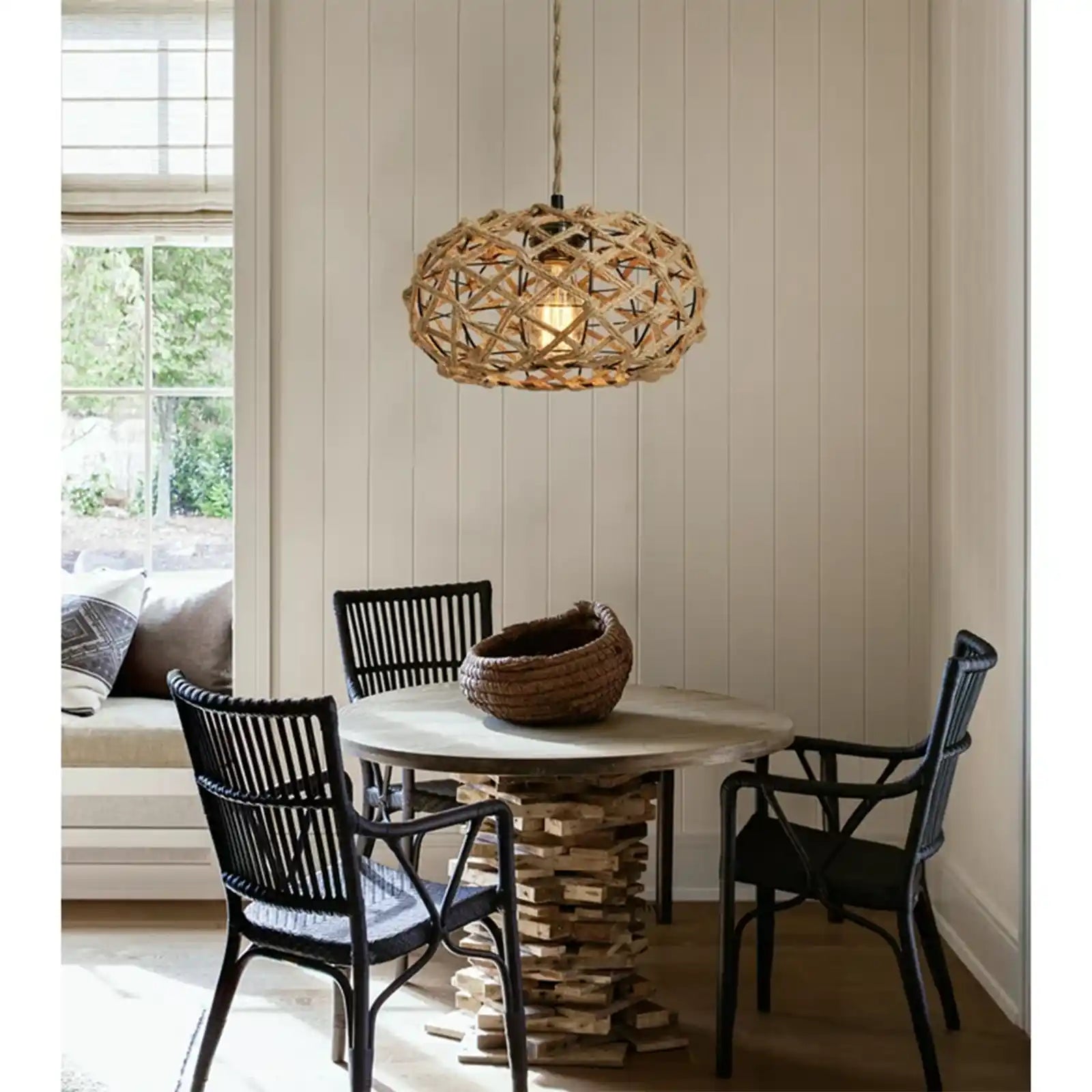 Boho Pendant Light Rustic Hand-Woven Hemp Rope Cage Basket Rattan Hanging Lamp Wicker Coastal Retro Light Fixtures for Hallway Entryway Kitchen Island Dining Room