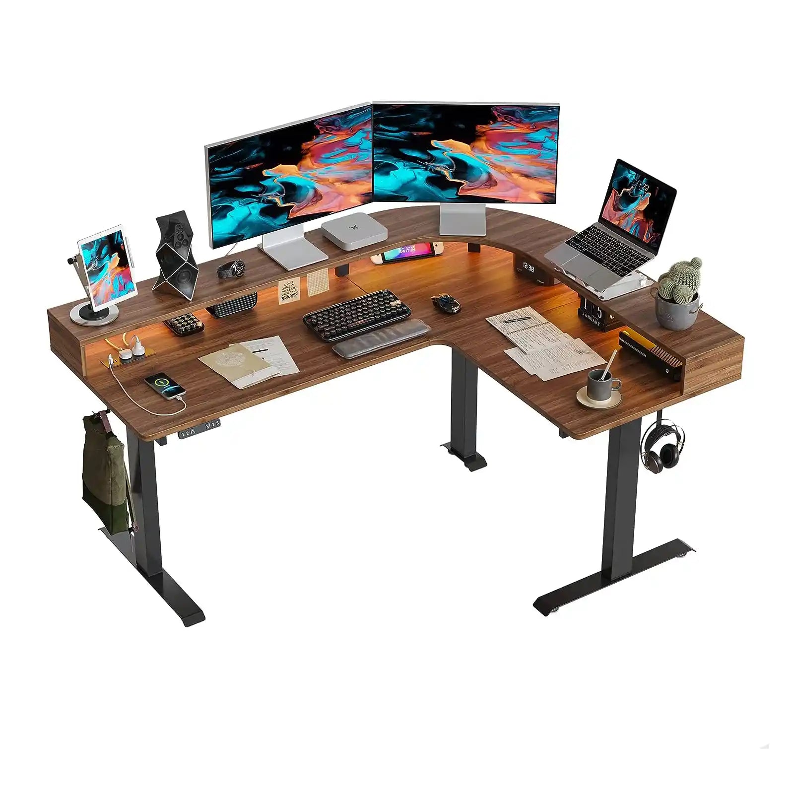 Escritorio de pie ajustable en forma de L con tira LED y tomas de corriente, escritorio de esquina de pie ajustable de 63 pulgadas de altura con soporte ergonómico para monitor 