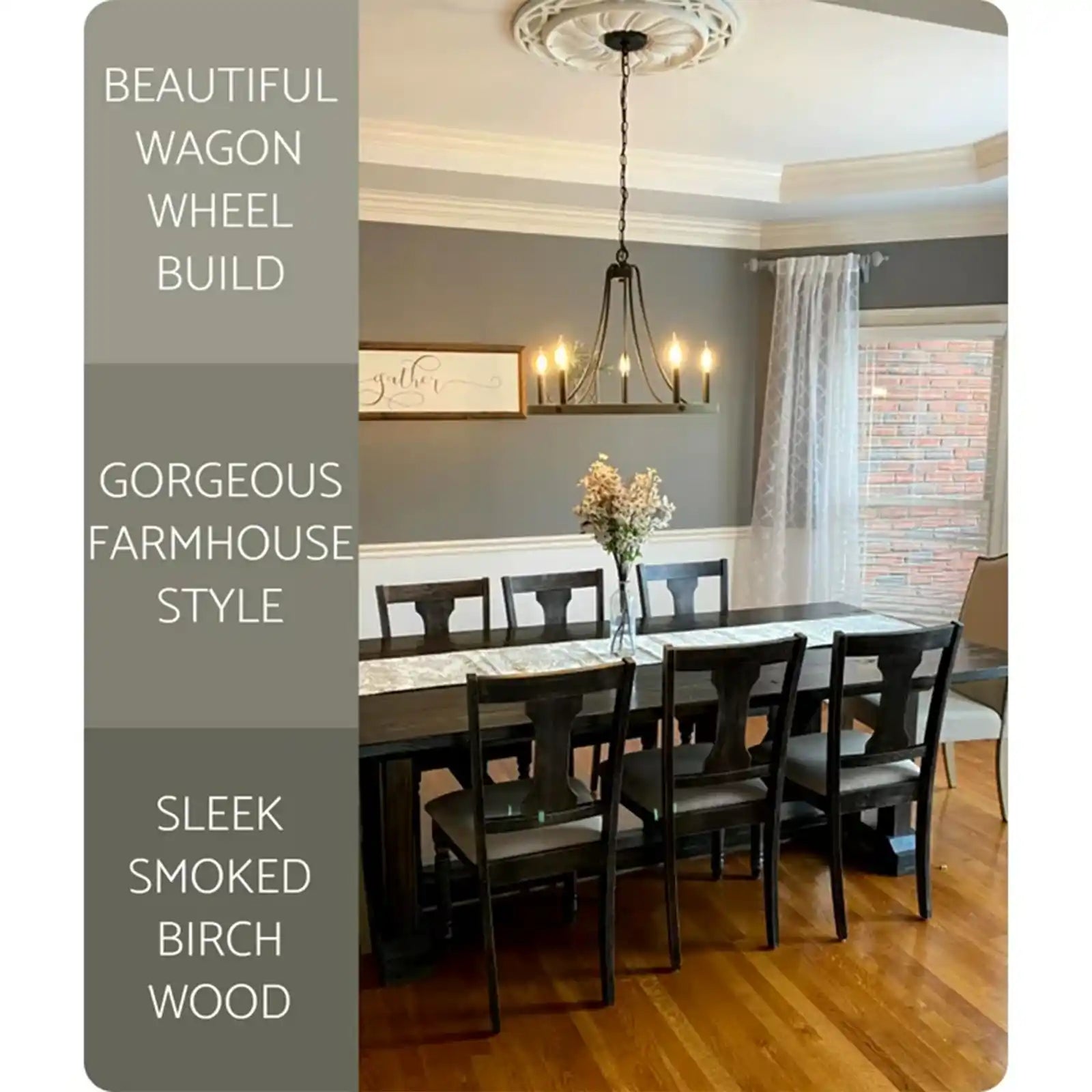 24.5" Rustic Farmhouse Wagon Wheel Chandelier, Round Kitchen Island Light, Smoked Birch Wood Style