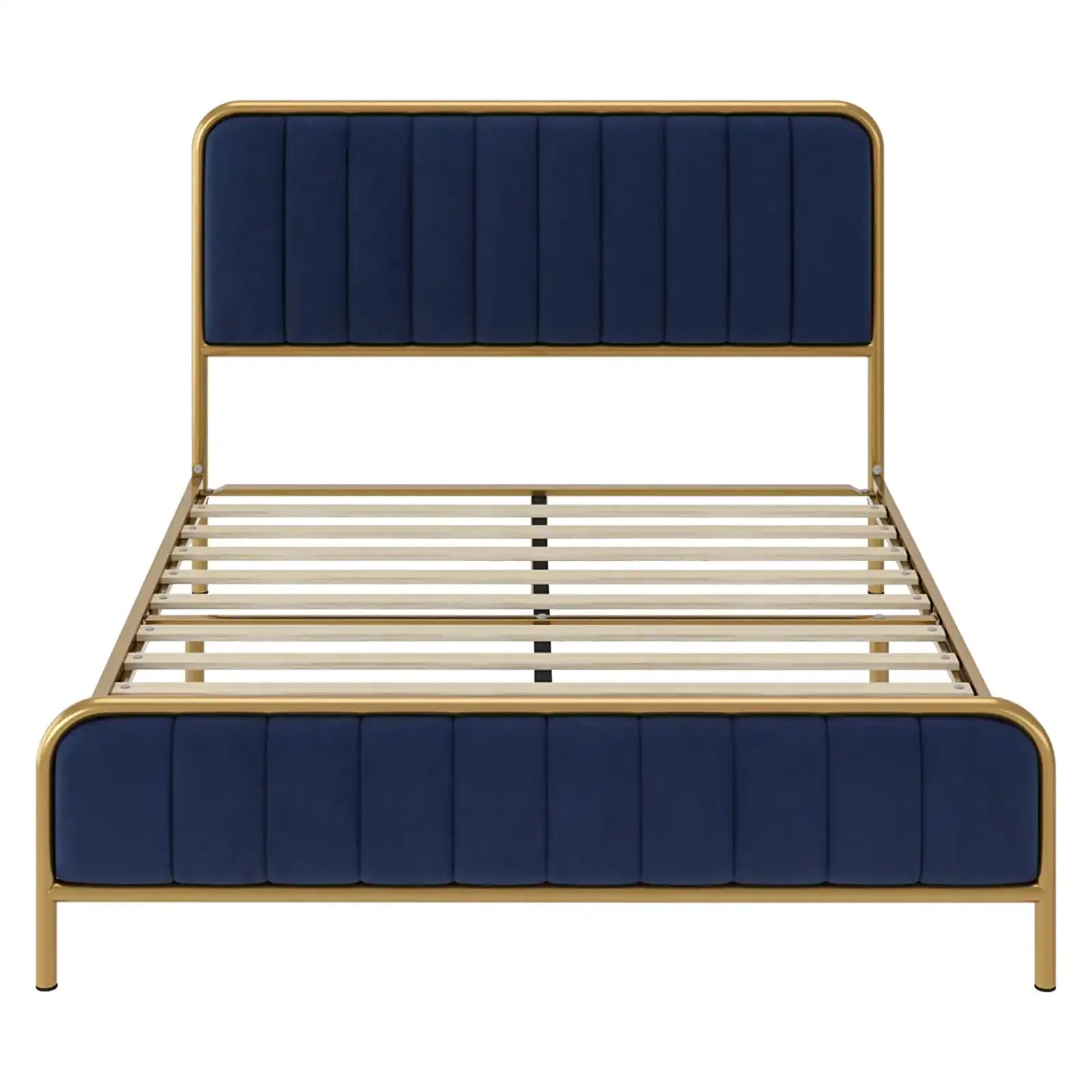 Estructura de cama tapizada de metal con cabecera capitoné con botones y 4 cajones