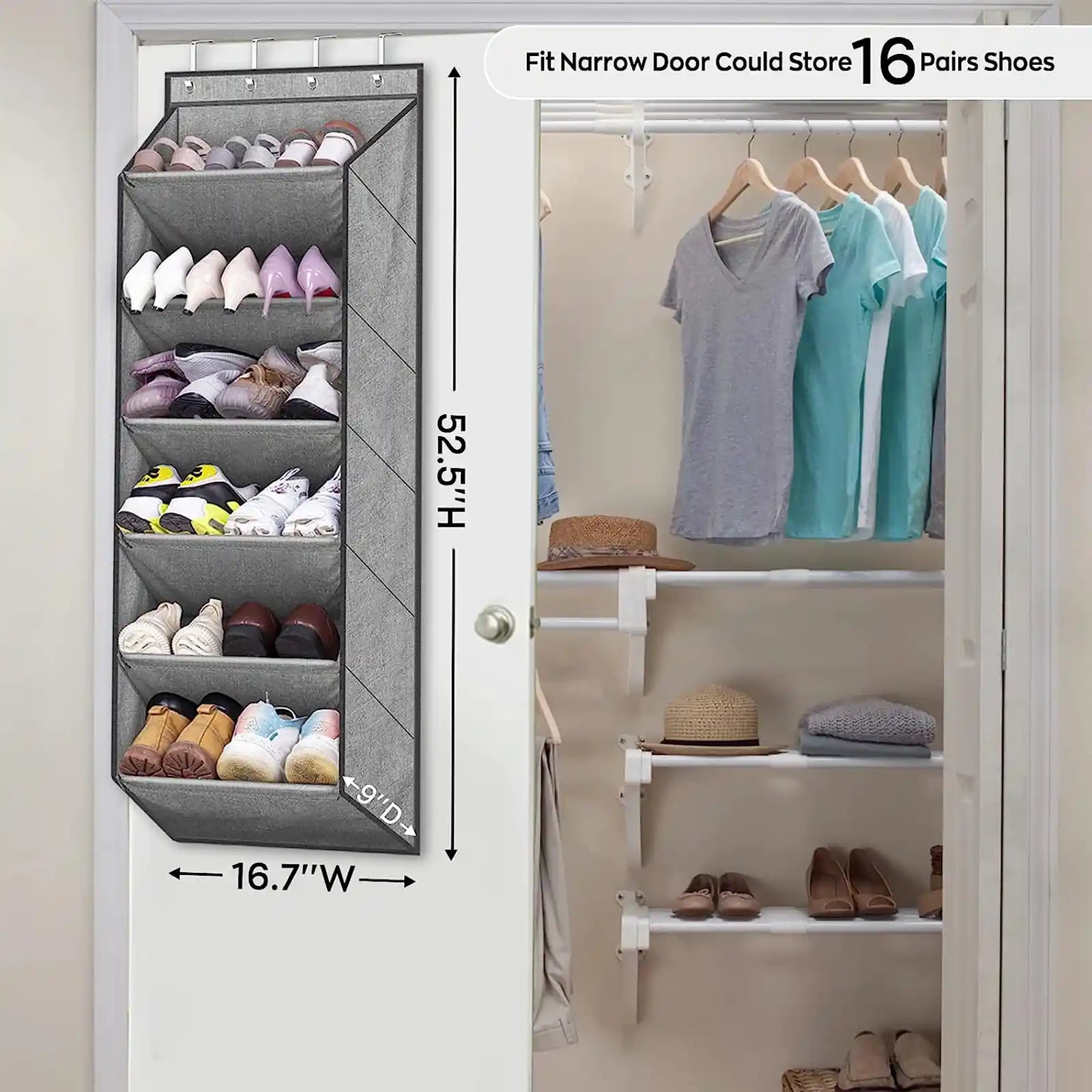 Shoe Rack for Door with Large Deep Pocket, Hanging Door Shoe Organizer for Closet Hanger, Dorm and Narrow Door Storage Shoe Holder