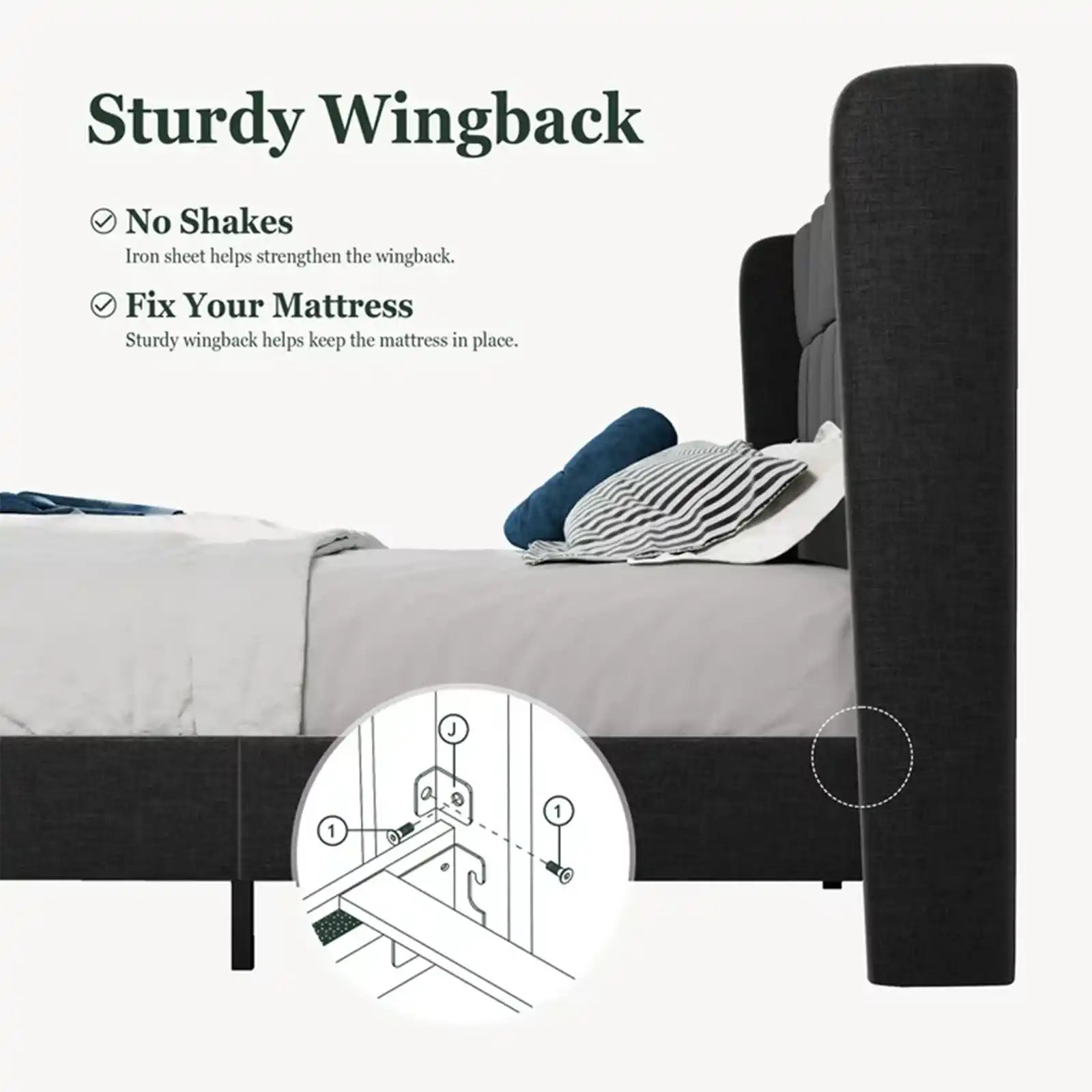 Marco de cama con plataforma y cabecera cosida cuadrada tapizada en tela con respaldo de alas 