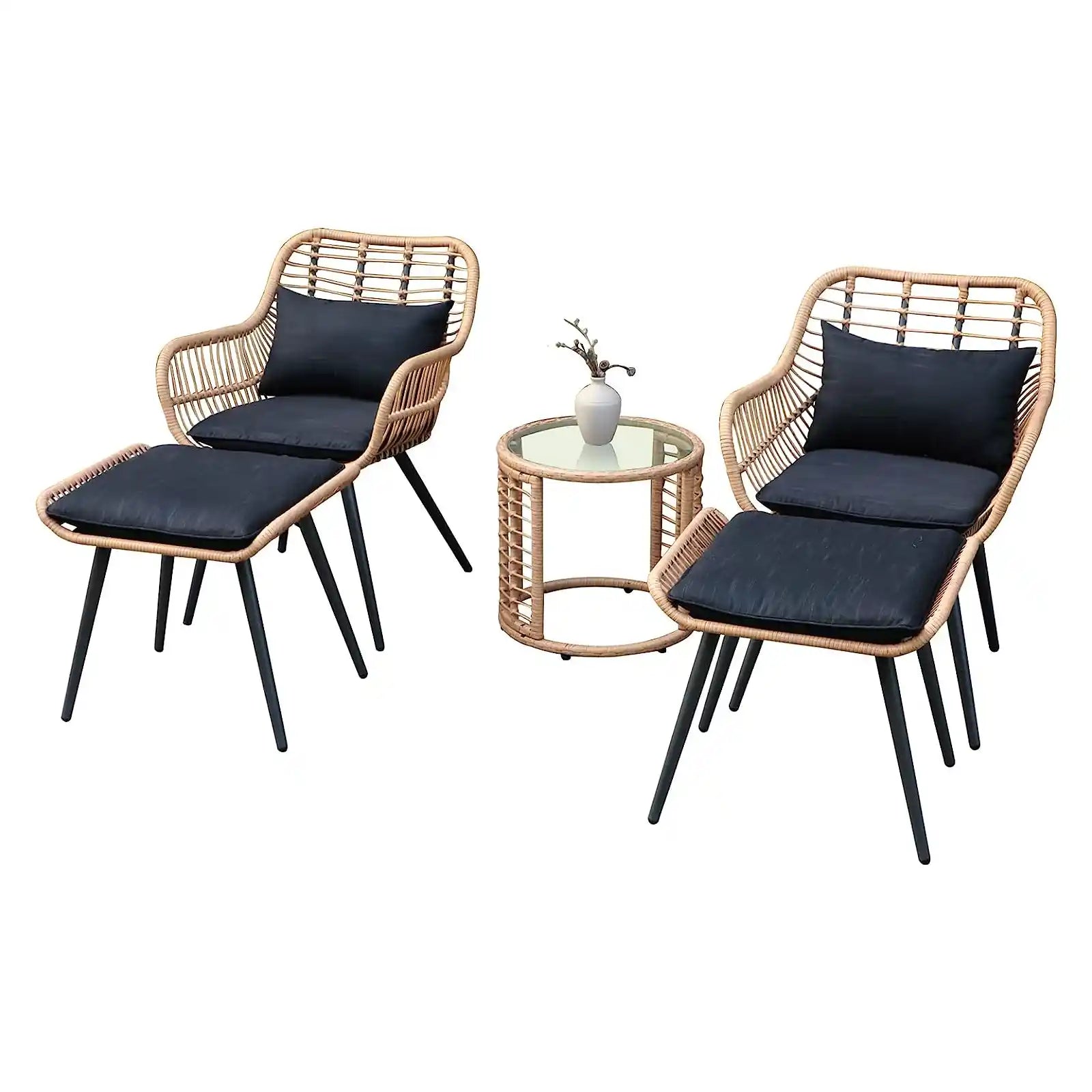 3 Piece Outdoor Wicker Furniture Bistro Set, Patio Rattan Conversation Set with Round Glass Top Coffee Side Table, Cushions for Porch, Backyard, Deck