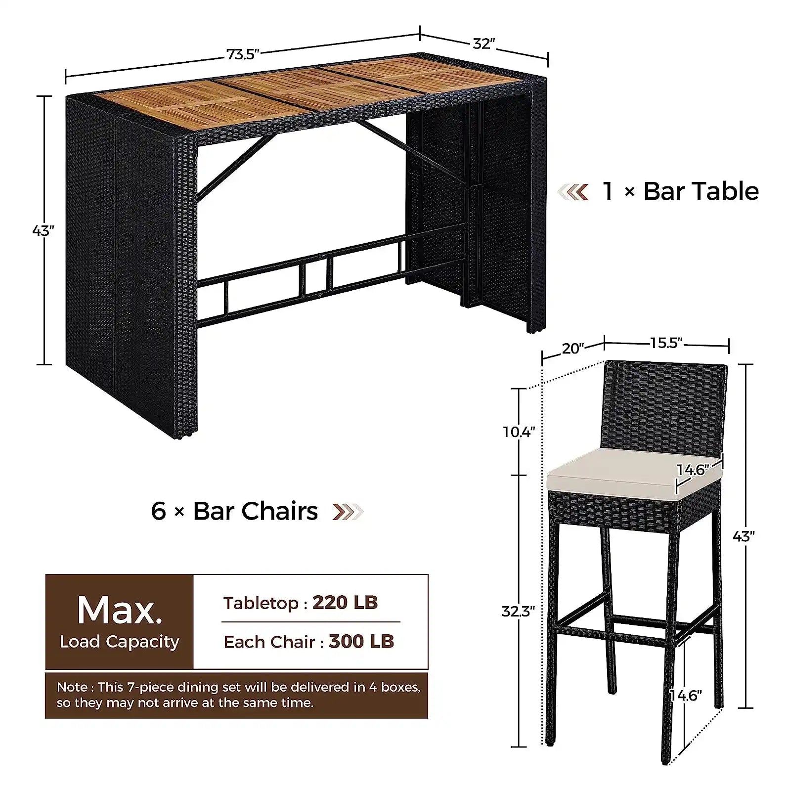 Juego de comedor de patio de 7 piezas, mesa de bar de madera de acacia al aire libre y sillas de taburete con cojines extraíbles, juego de muebles de mimbre para terraza, patio trasero, jardín 