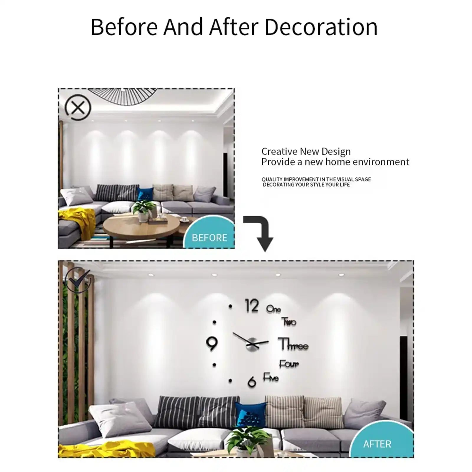 Large Wall Clock Modern Design 3D Wall Sticker Clock Silent Home Decor Living Room Quartz Horloge