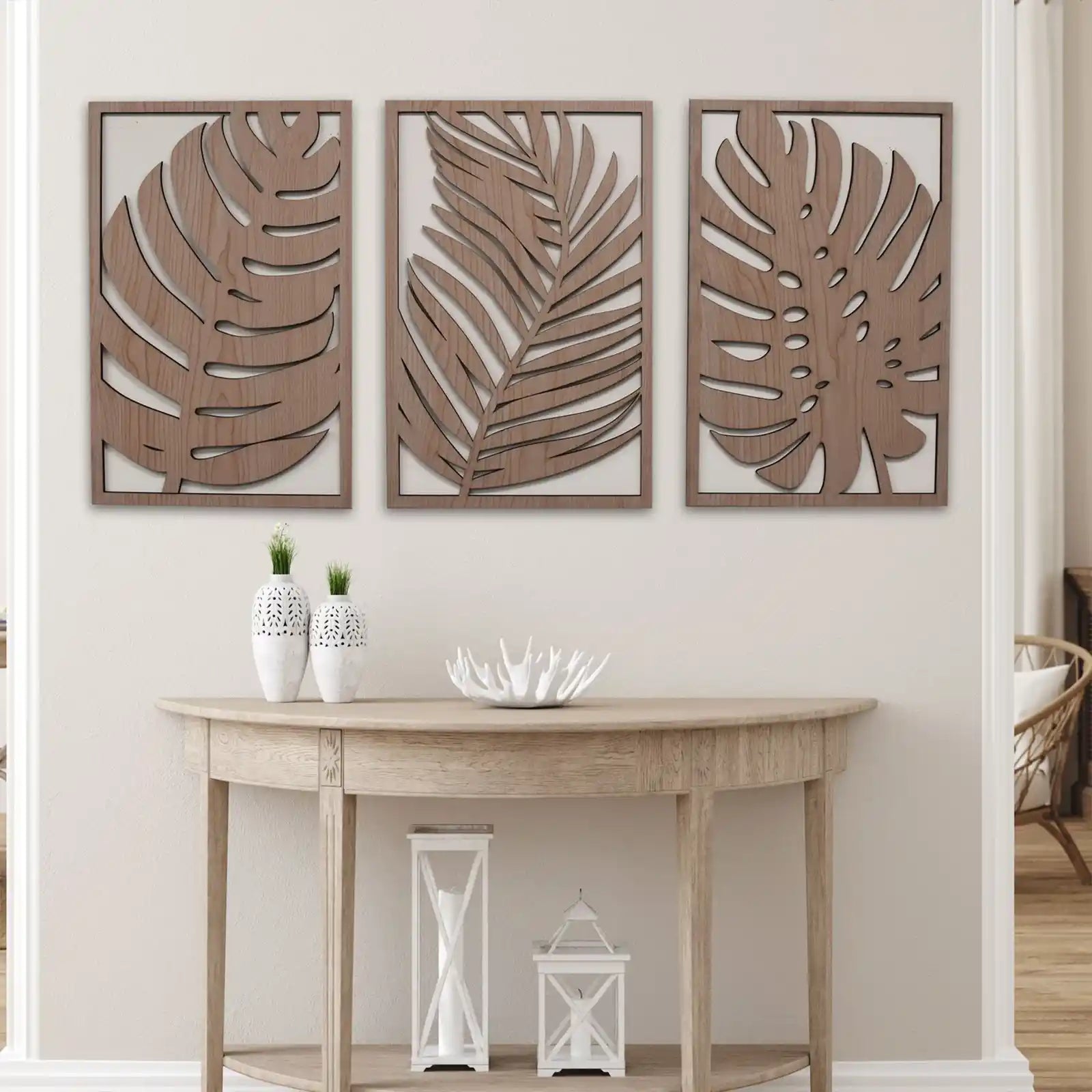 Tropical Leaves Wood Wall Art, 3 Panel Set, Monstera Wooden Leaf Wall Decor, Plant Themed Artwork, Boho, Modern Farmhouse Gift