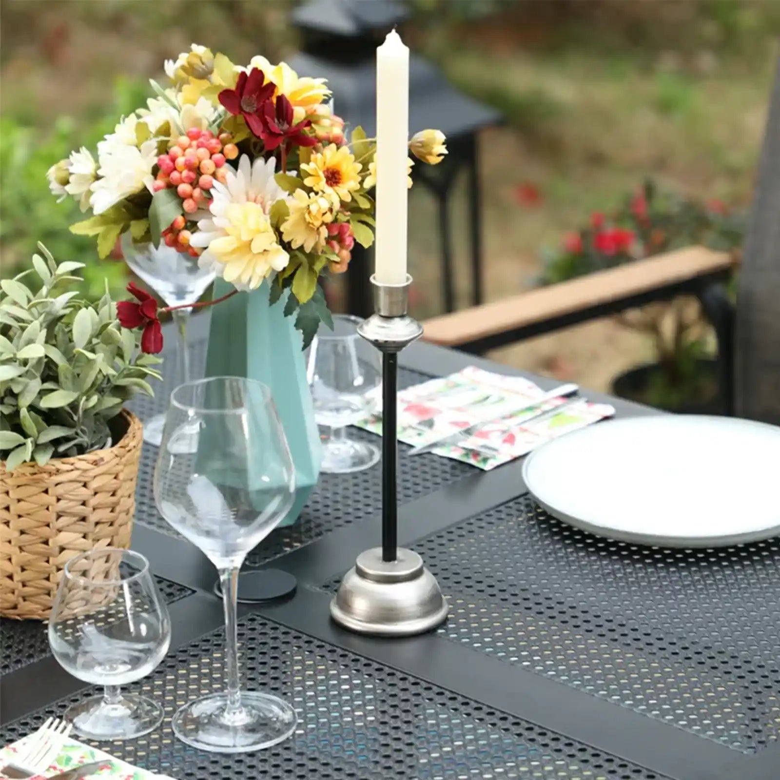 Mesa de comedor cuadrada de metal para exterior con orificio para sombrilla, negro 