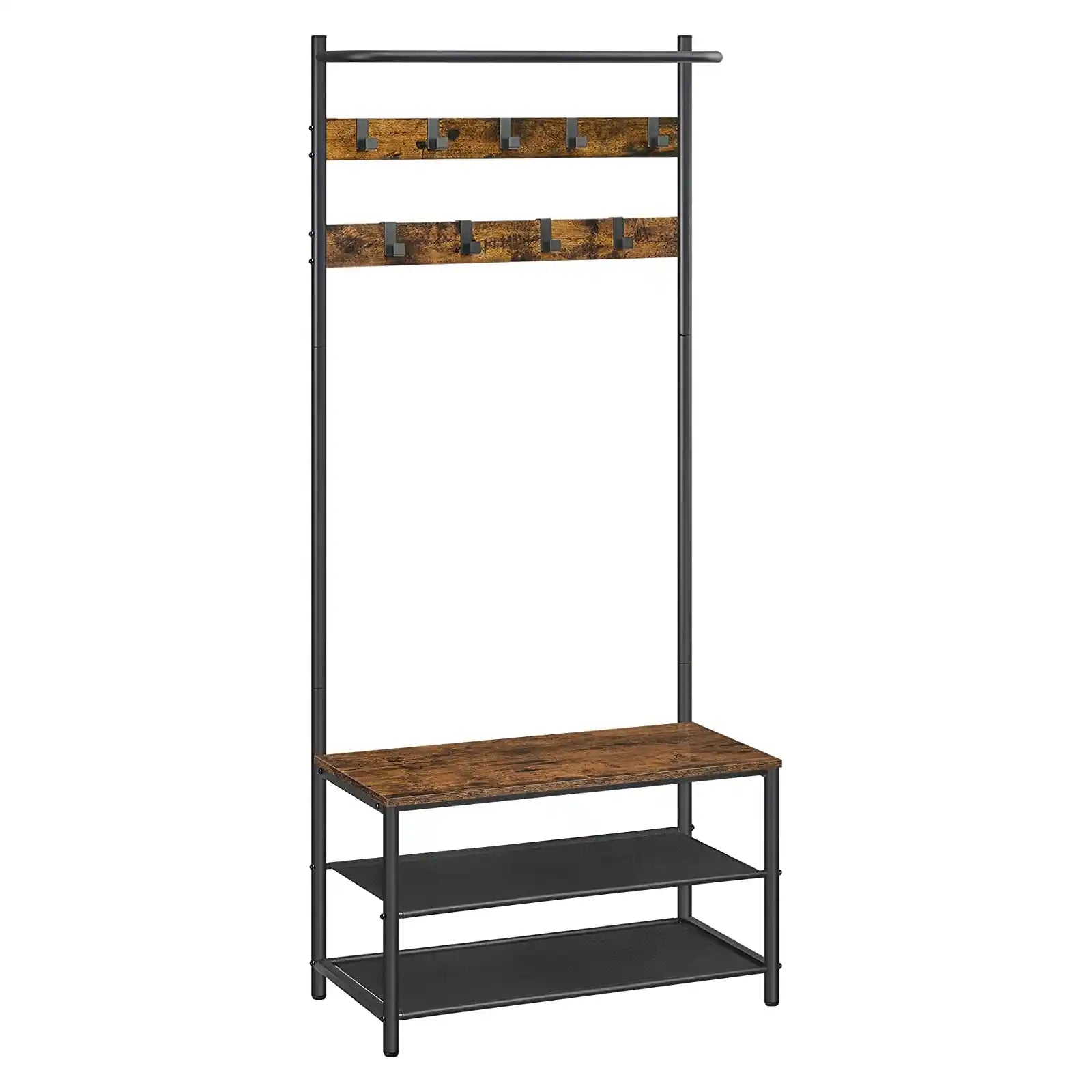 Hall Tree with Bench and Shoe Storage, Entryway Bench with Coat Rack Stand and Shoe Rack, 9 Removable Hooks, Top Bar, Fabric Shelves, Industrial, Rustic Brown and Black