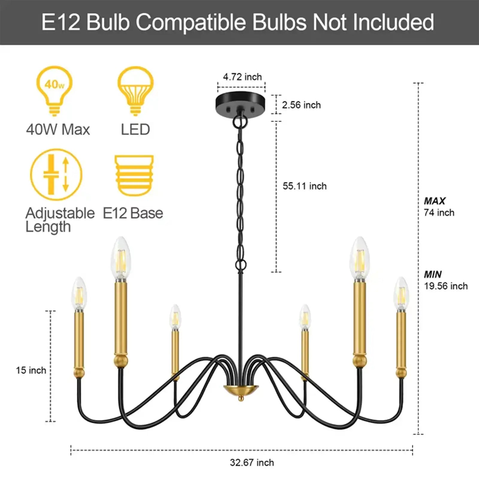 6-Light Farmhouse Chandelier, Industrial Iron Chandelier Lighting, Dimmable Classic Candle Pendant Light Fixture for Dining Room Bedroom Kitchen Island