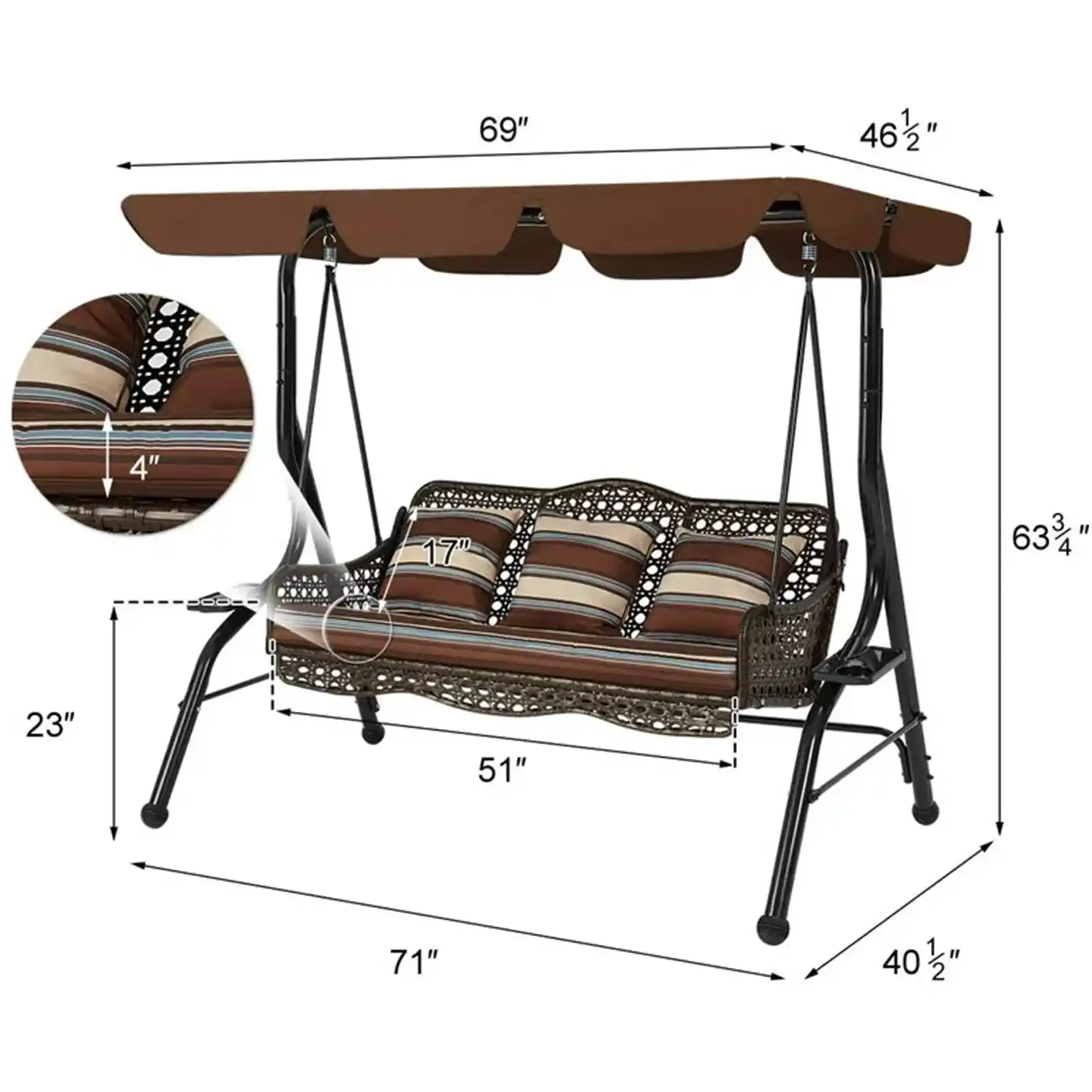 Columpio para patio al aire libre para 3 personas con cojines y almohadas, color marrón, columpio de ratán para porche 