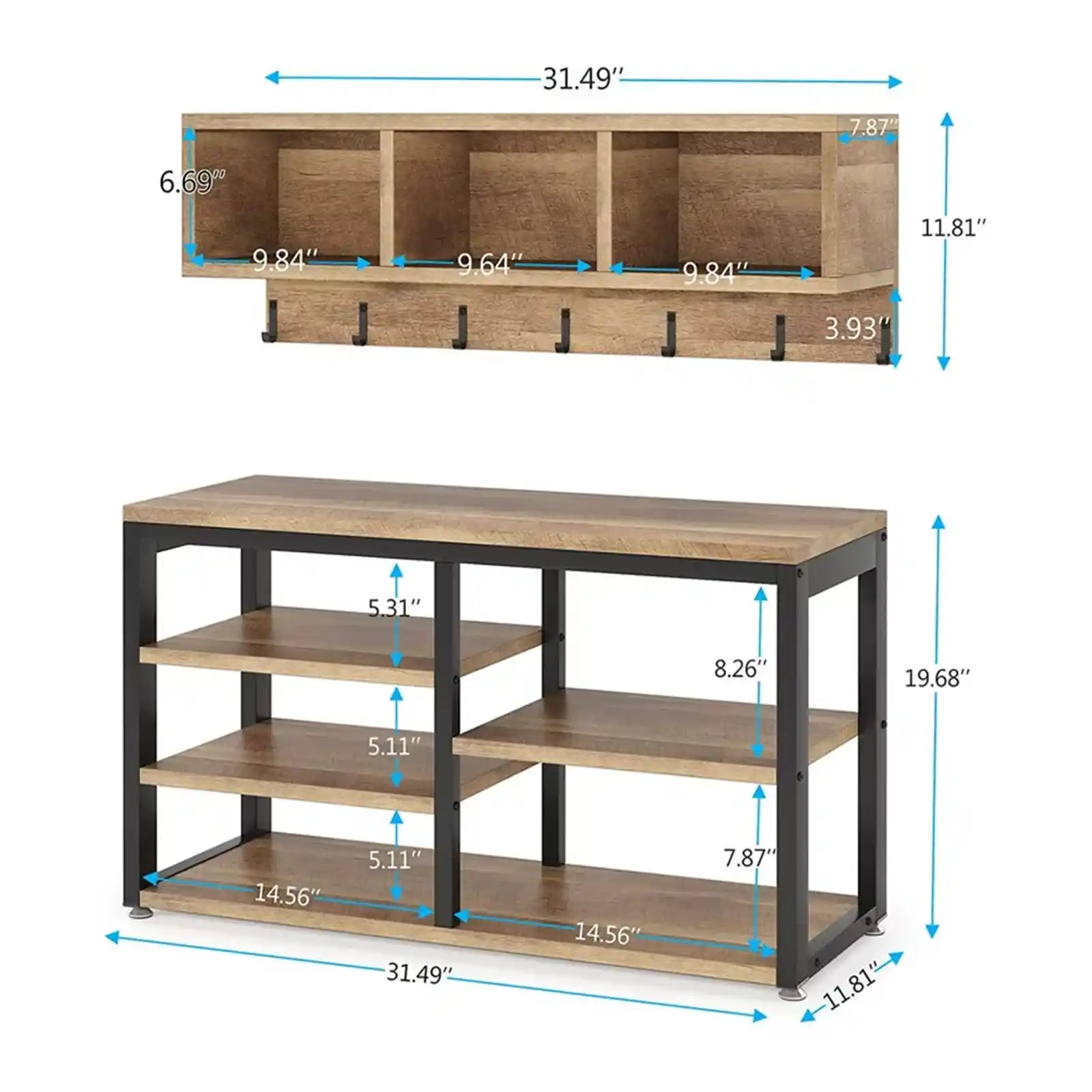 Coat Rack Shoe Bench Set, Hall Tree with Shoe Bench, Coat Rack, 3 Storage Cubbies, 7 Hooks for Entryway, Hallway