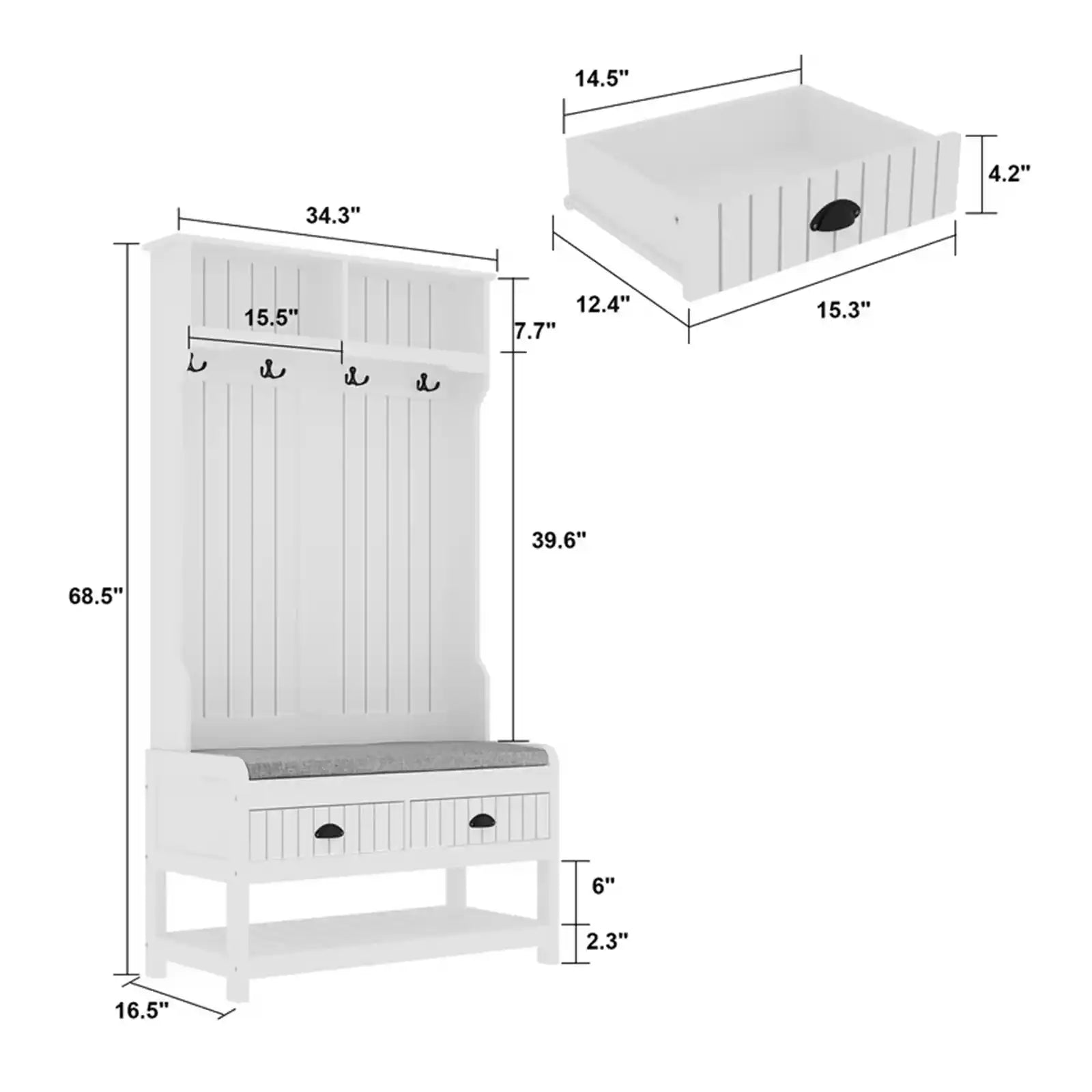 Hall Tree with Storage Bench and Coat Rack for Entryway, Hallway, White