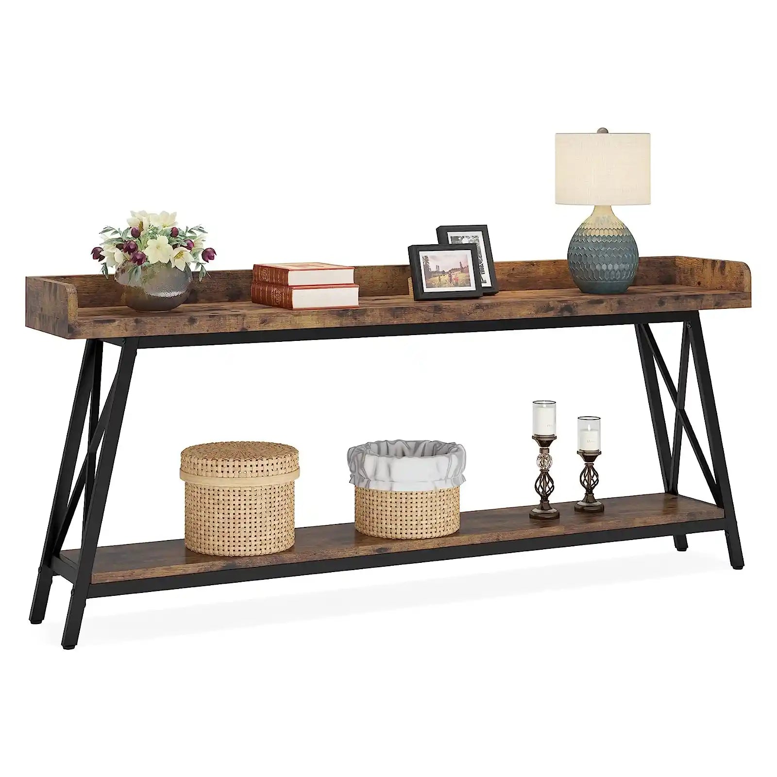 70.9 inch Extra Long Console Table Behind Couch, Rustic Industrial Sofa Table for Living Room, Narrow Entryway Hallway Long Bar Table