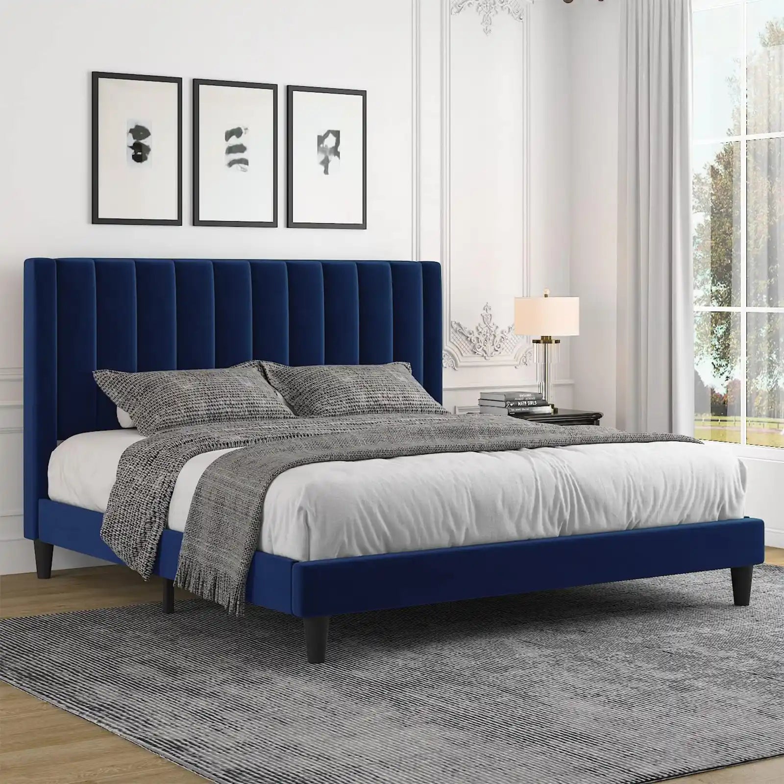 Velvet Upholstered Bed Frame with Vertical Channel Tufted Headboard