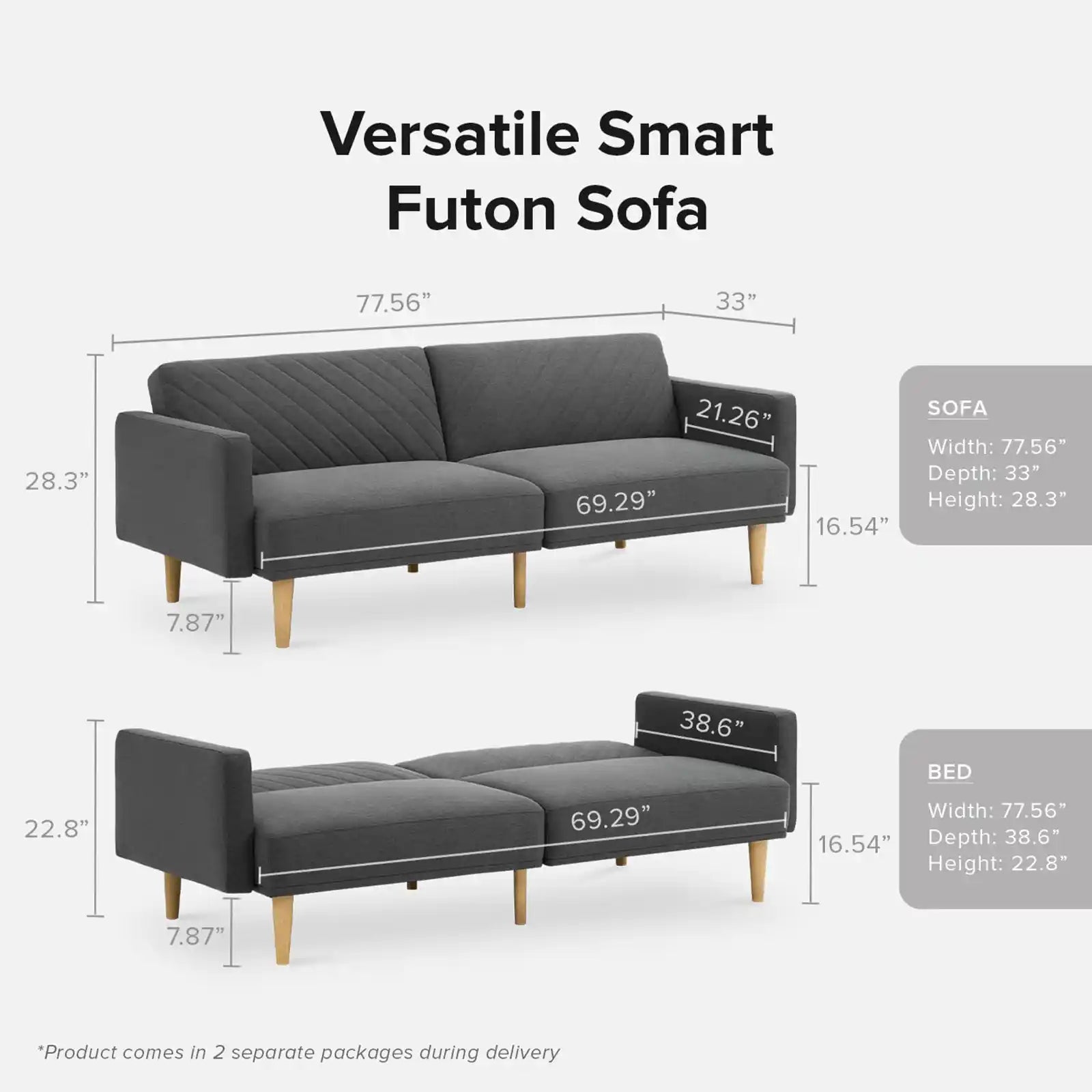 Futon Sofa Bed, Convertible Sleeper Sofa with Tapered Wood Legs, 77.5" W, Small Splitback Sofa for Living Room, Twin ( Velvet )