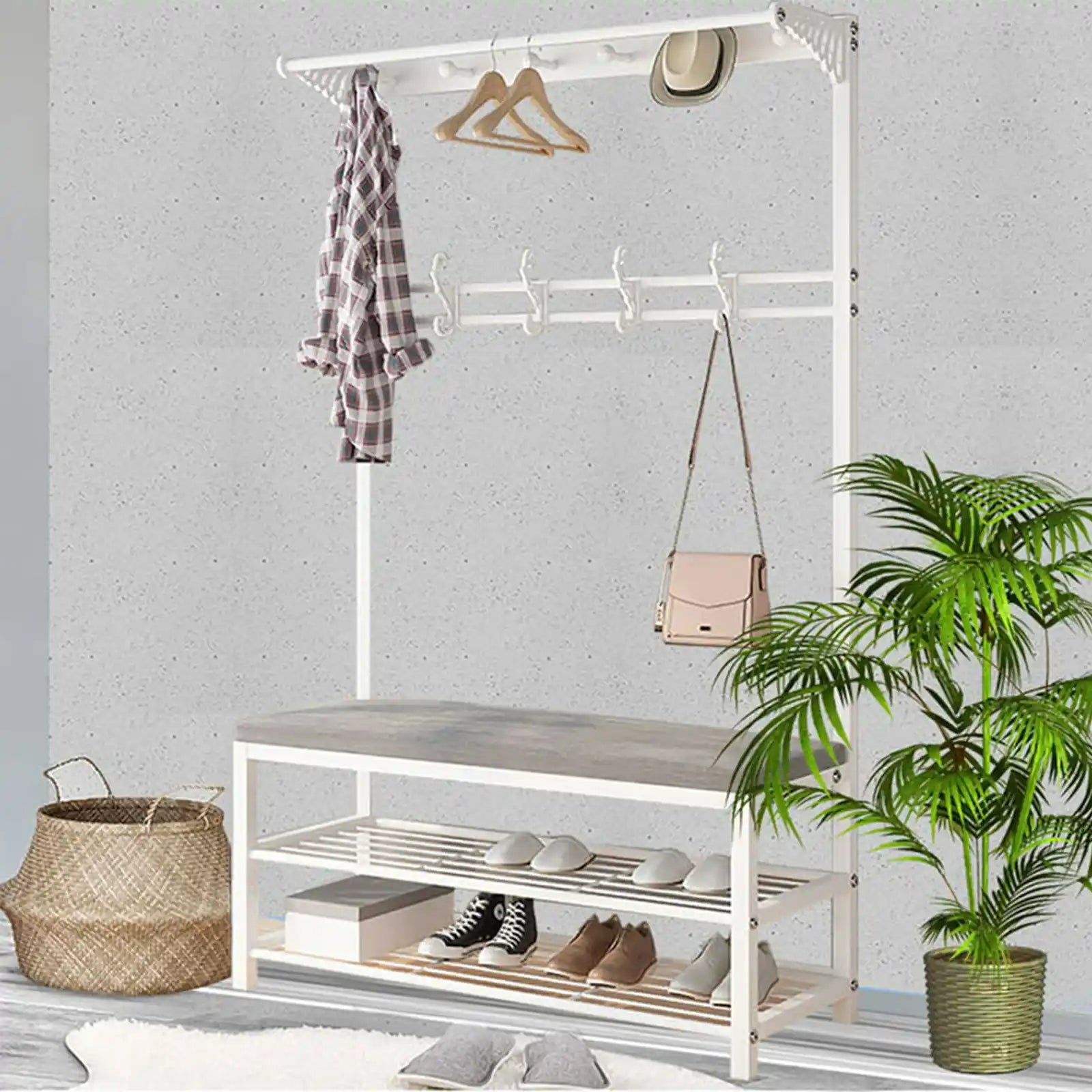 3 in 1 Entryway Hall Tree Coat Rack, Industrial Entryway Bench with 2-Tier Shoe Storage Bench