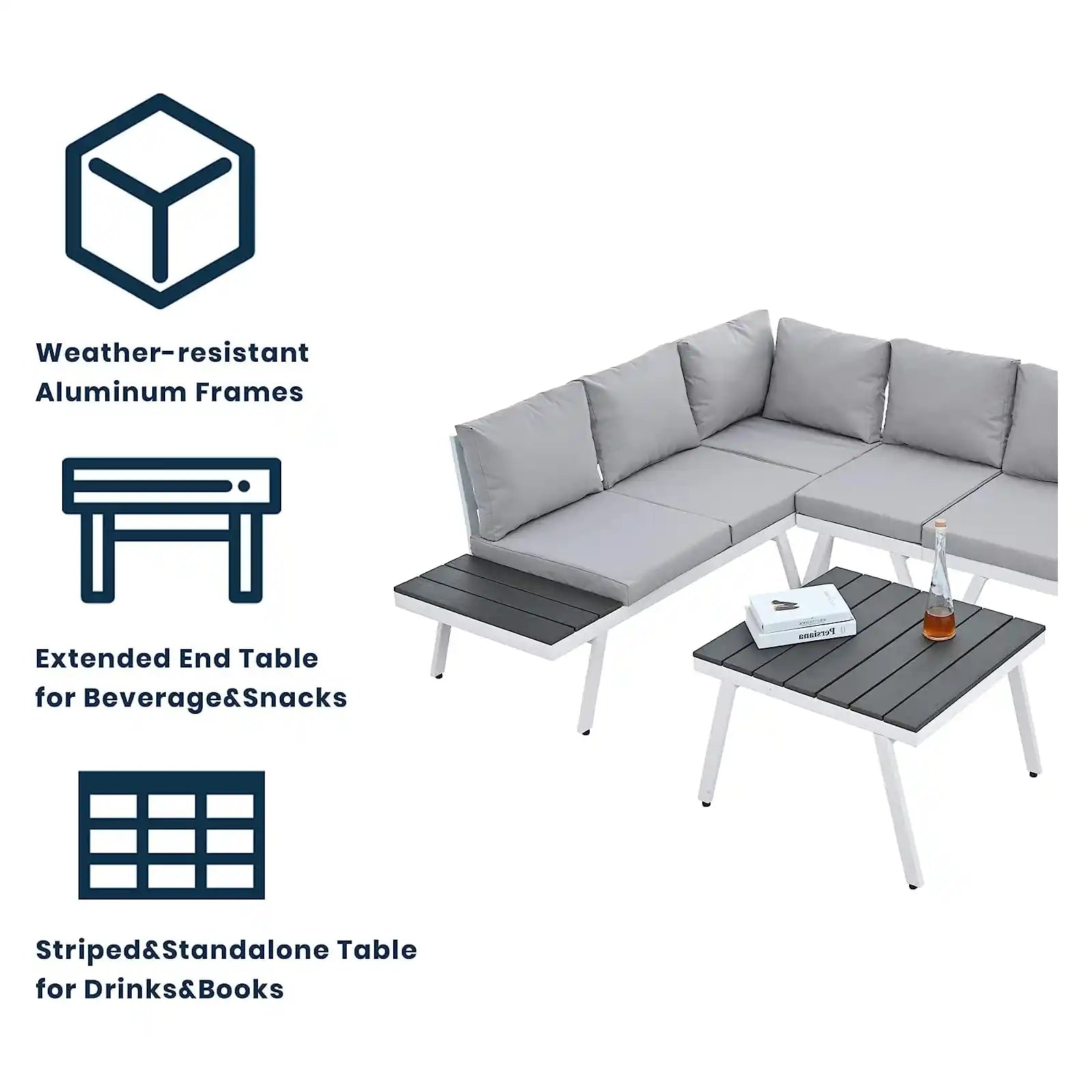 Juego de muebles industriales de aluminio para exteriores de 5 piezas, moderno sofá seccional de jardín con mesas auxiliares, mesa de centro y clips para muebles para patio trasero 