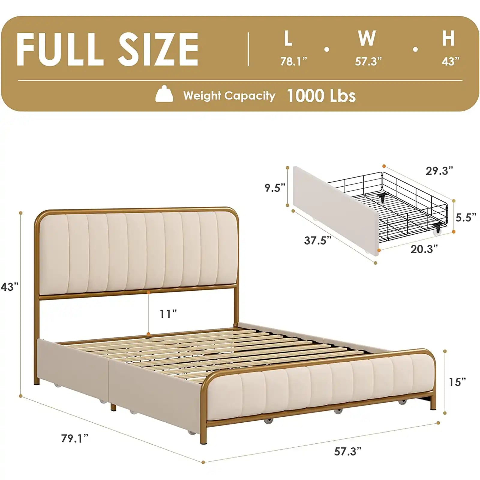 Estructura de cama tapizada de metal con cabecera capitoné con botones y 4 cajones