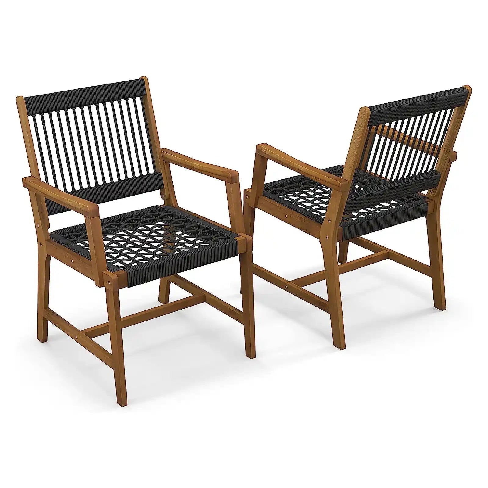 Juego de 4 sillas de comedor de madera de acacia para exteriores, sillas de patio tejidas con cuerda para todo tipo de clima, con reposabrazos, sillones de exterior para patio, césped, jardín, patio trasero 