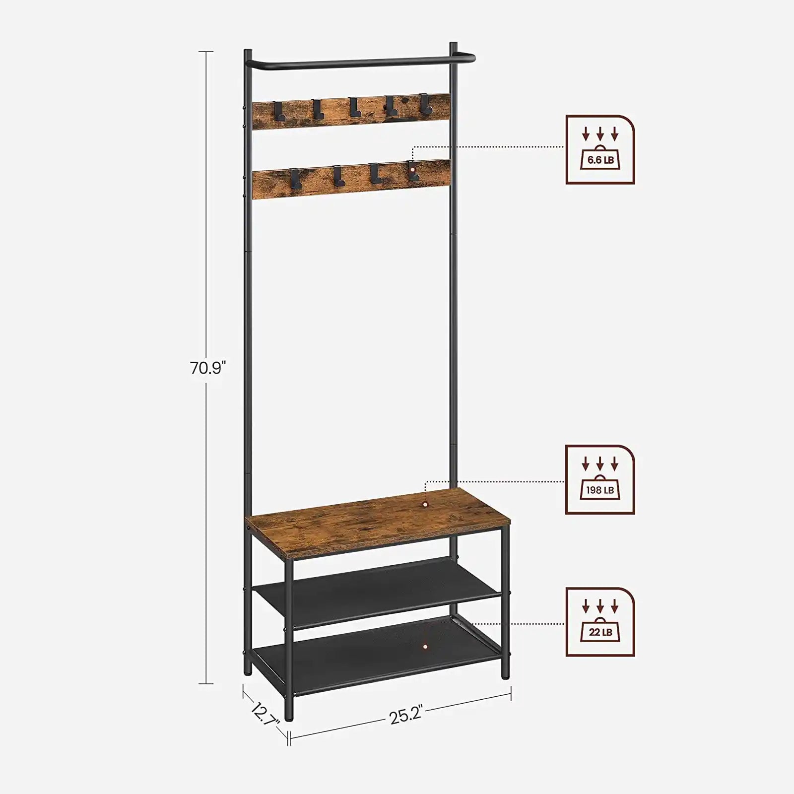 Árbol de entrada con banco y zapatero, banco de entrada con perchero y zapatero, 9 ganchos extraíbles, barra superior, estantes de tela, industrial, marrón rústico y negro 