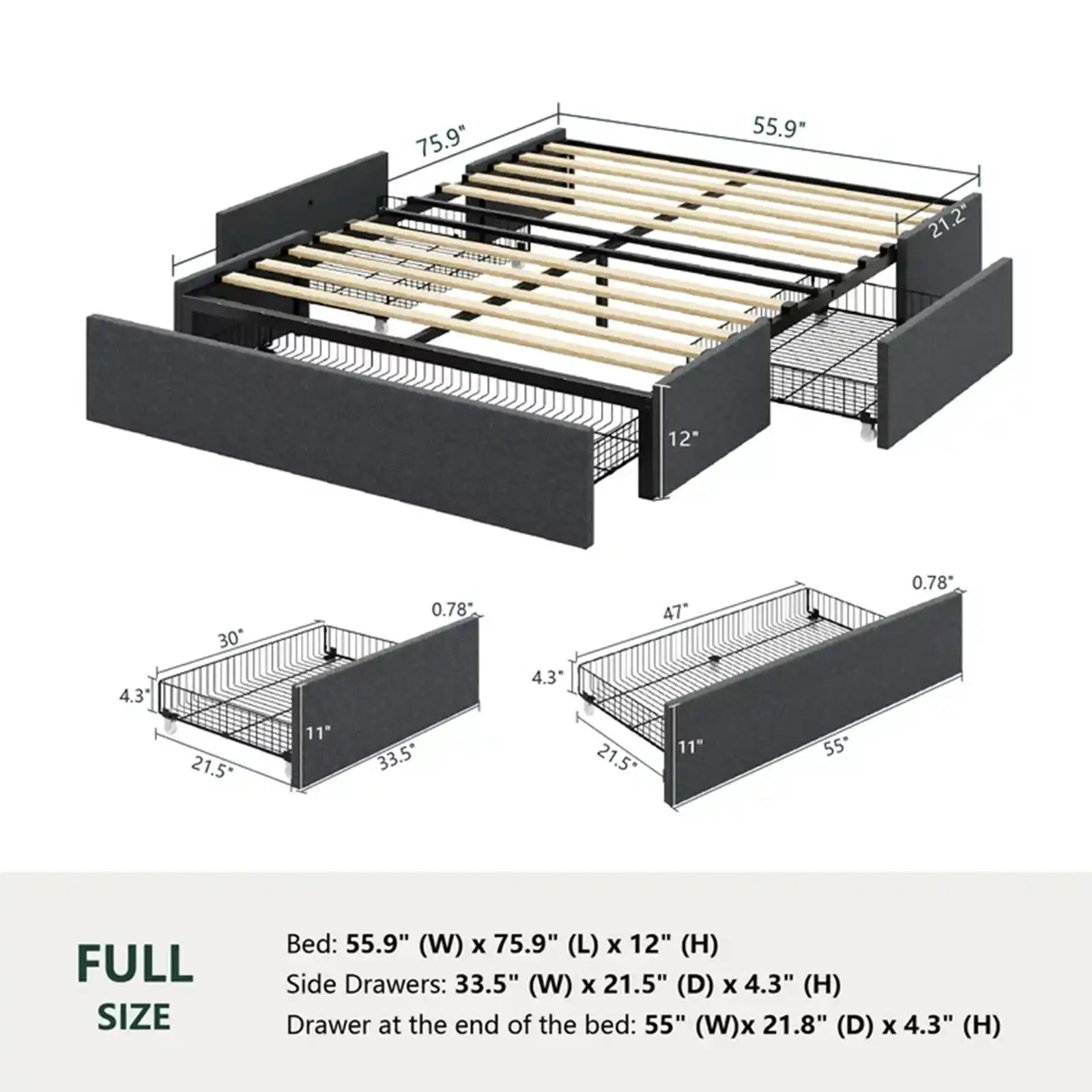 Estructura de cama con plataforma tapizada, 3 cajones de almacenamiento y listones de madera, gris oscuro 