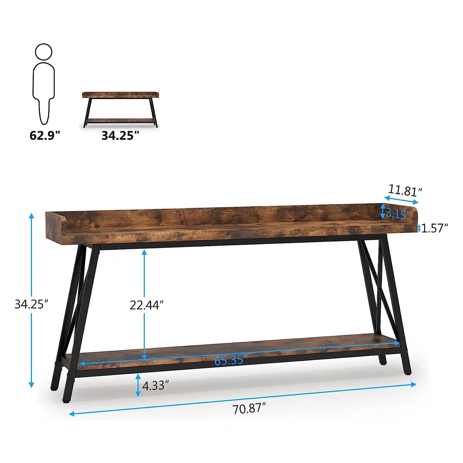 70.9 inch Extra Long Console Table Behind Couch, Rustic Industrial Sofa Table for Living Room, Narrow Entryway Hallway Long Bar Table