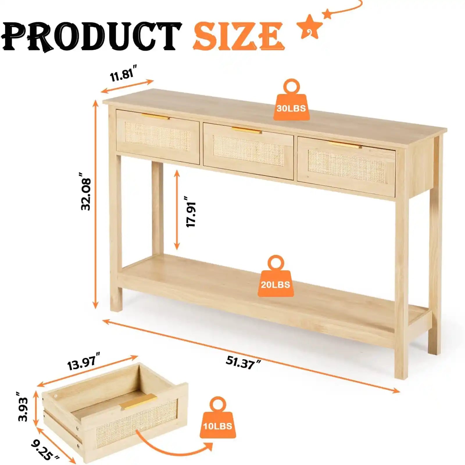 Mesa consola de ratán, mesa de entrada bohemia, mesa de sofá larga y estrecha, mesa de vestíbulo para pasillo, mesa detrás del sofá con 3 cajones y estante de almacenamiento abierto para sala de estar y pasillo, madera natural