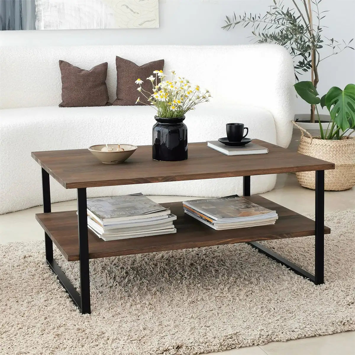 Mena - Rustic Wood Coffee Table, Solid Wood and Black Metal Frame, Farmhouse Coffee Table