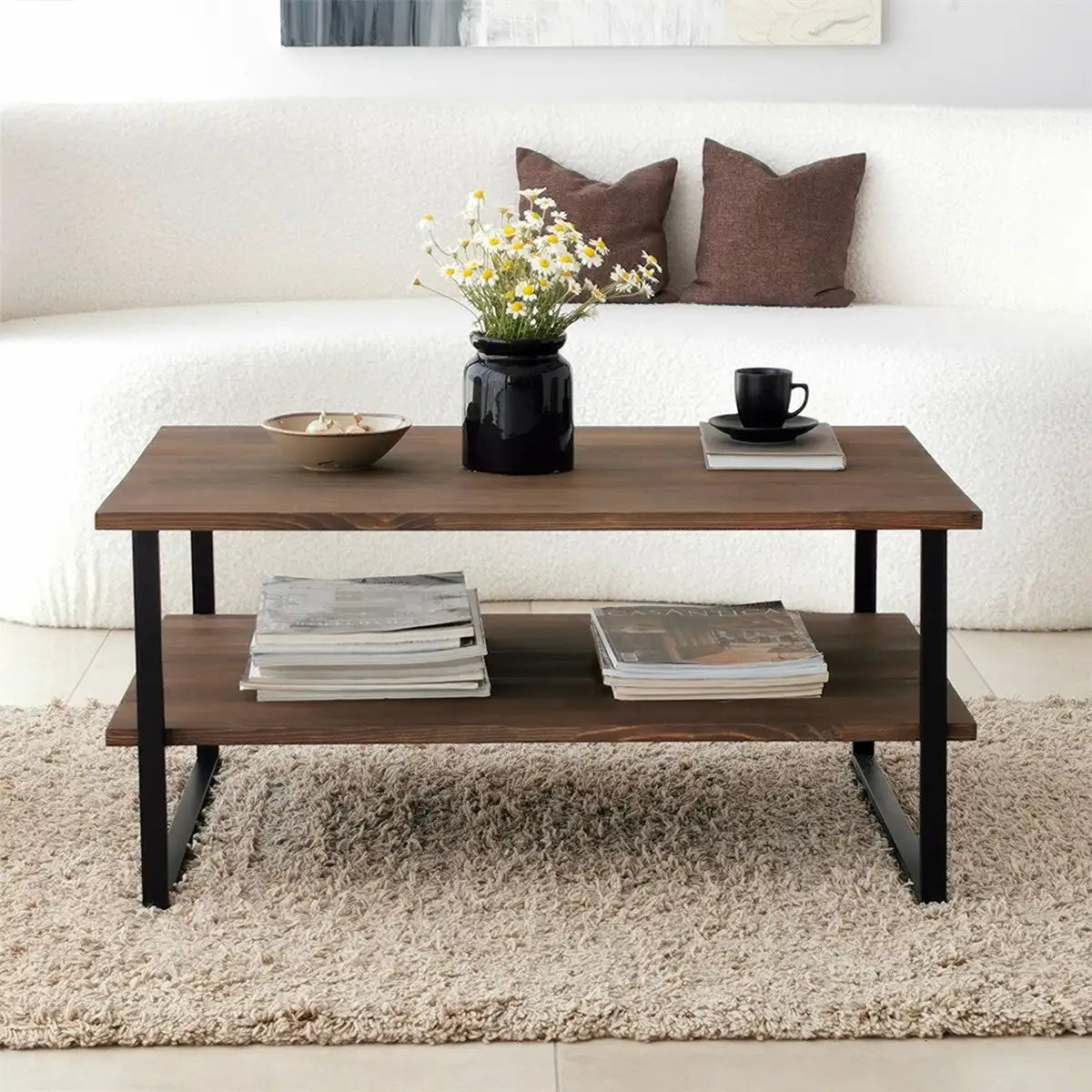 Mena - Rustic Wood Coffee Table, Solid Wood and Black Metal Frame, Farmhouse Coffee Table