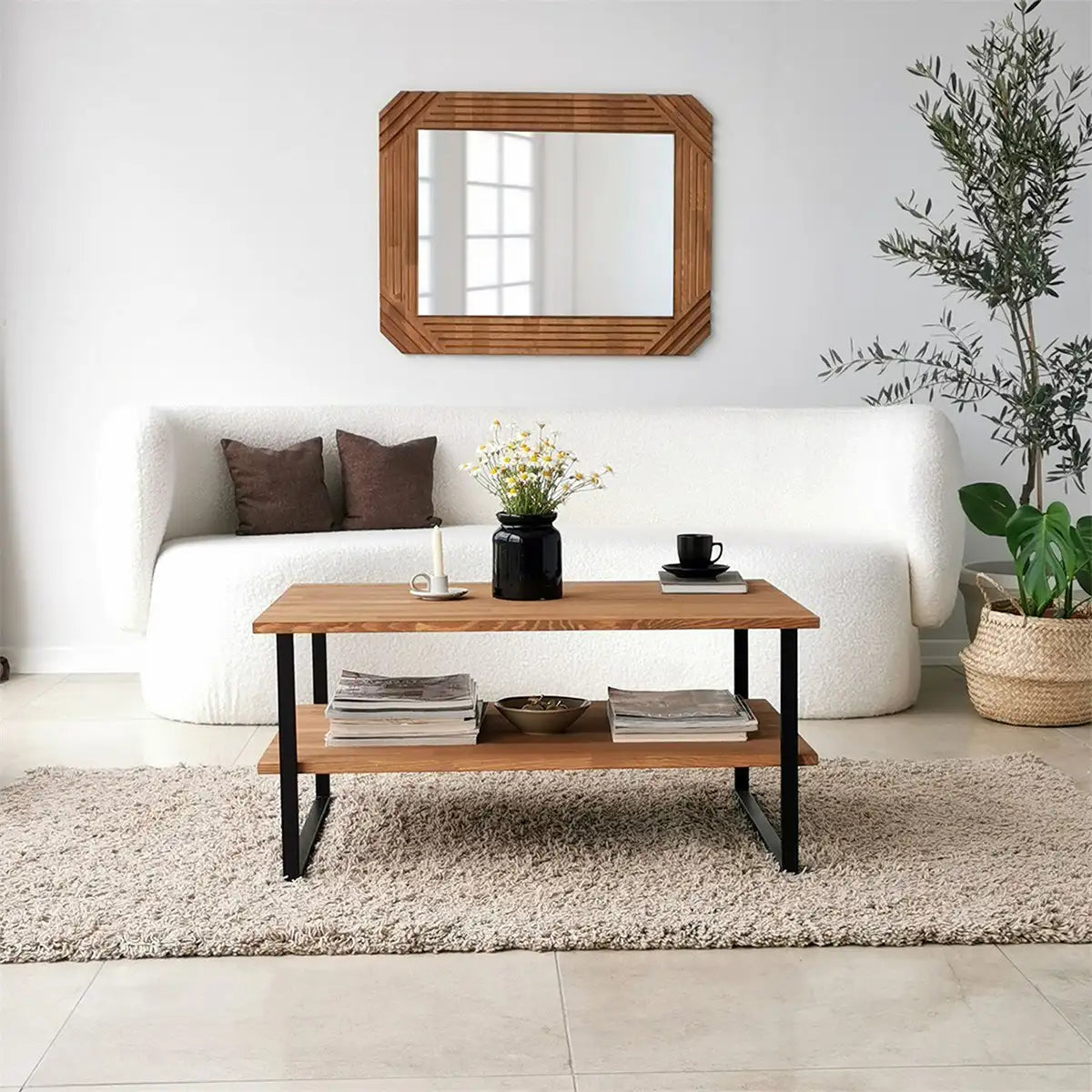 Mena - Rustic Wood Coffee Table, Solid Wood and Black Metal Frame, Farmhouse Coffee Table