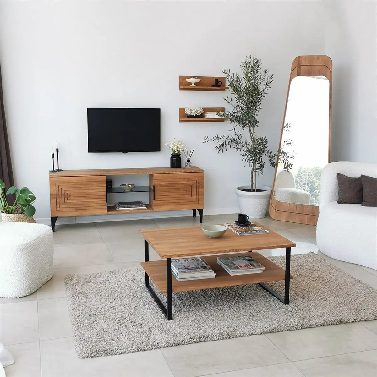 Mena - Rustic Wood Coffee Table, Solid Wood and Black Metal Frame, Farmhouse Coffee Table