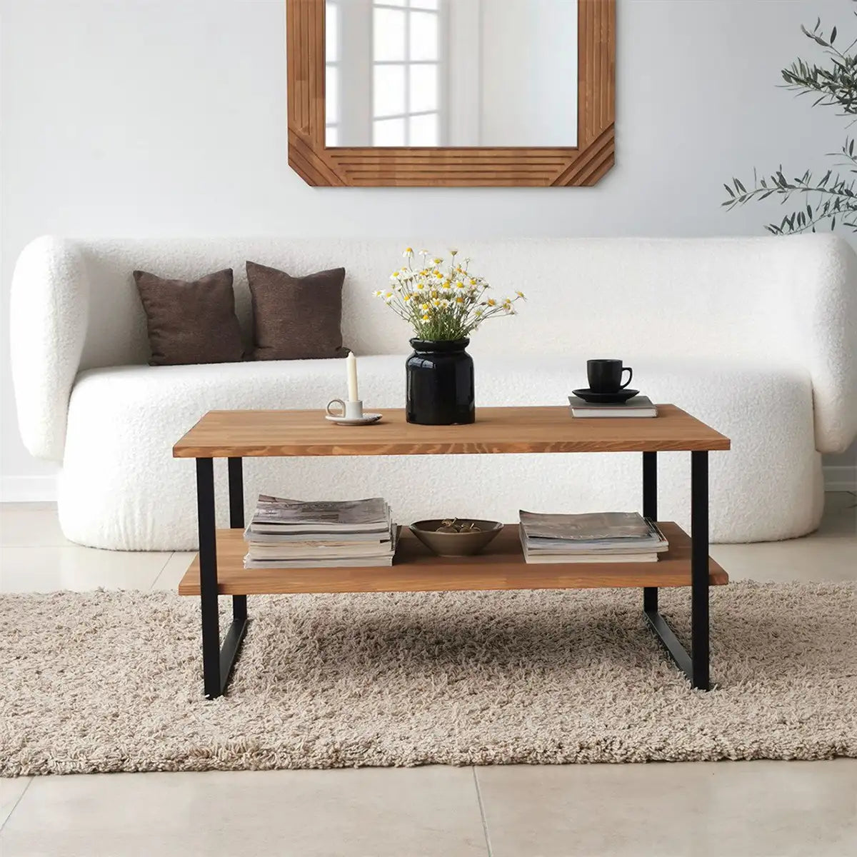 Mena - Rustic Wood Coffee Table, Solid Wood and Black Metal Frame, Farmhouse Coffee Table